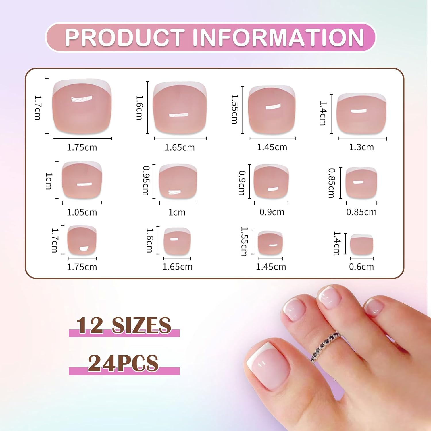 Jotia 24Pcs Press on Toenails, White Edge Pink False Toenails Classic White French Tip Fake Toe Nails Covers with a Glossy Finish image number 3
