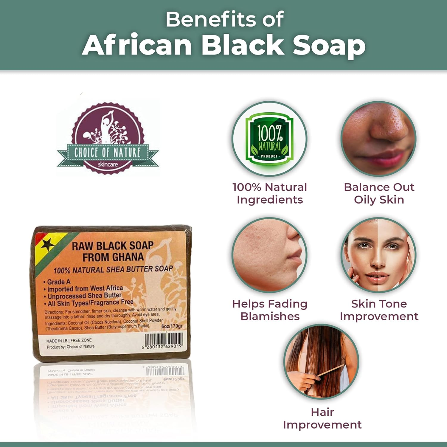 African Black Soap - 6 Oz / 170 G - Exfoliating Organic Bar for Acne, Dry Skin, Moisturizing, Hydrating Soap Bar Face and Body Wash - with Shea Butter, Cocoa Butter and Coconut Oil, for Women and Men | from Ghana
