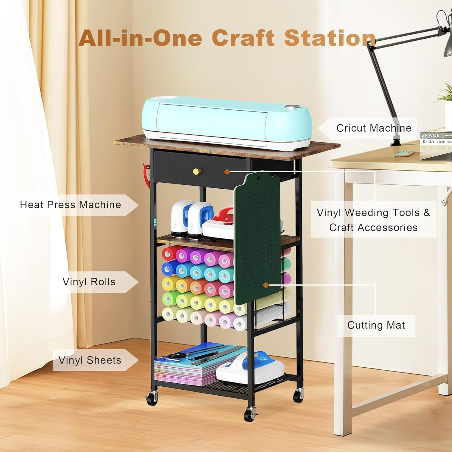 Rolling Craft Table with Storage with 30 Vinyl Roll Holder and Drawer, Craft Storage Cart Compatible with Cricut Machines, Craft Storage Cabinet Organizer Workstation for Craft Room Home (Black) image number 6