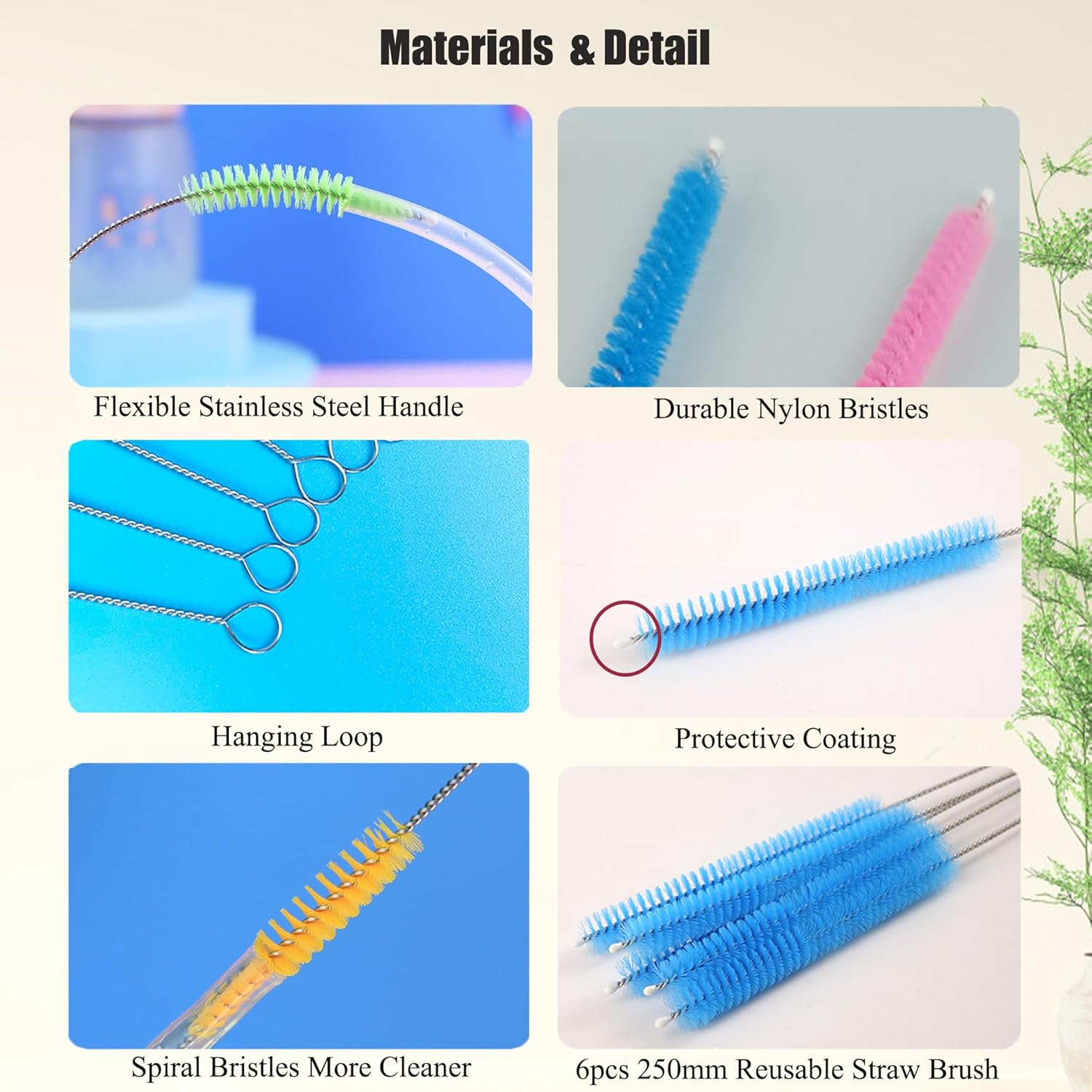 Straws Cleaner Brush with High Density Nylon Bristles & Stainless Handle & Hanging Loop, Also for Cleaning Sippy Cup, Bottle, Nozzle, Teapot, Narrow Area, D: 0.4 X L:10 Inch, Set of 8, 4 Colors Mix image number 2