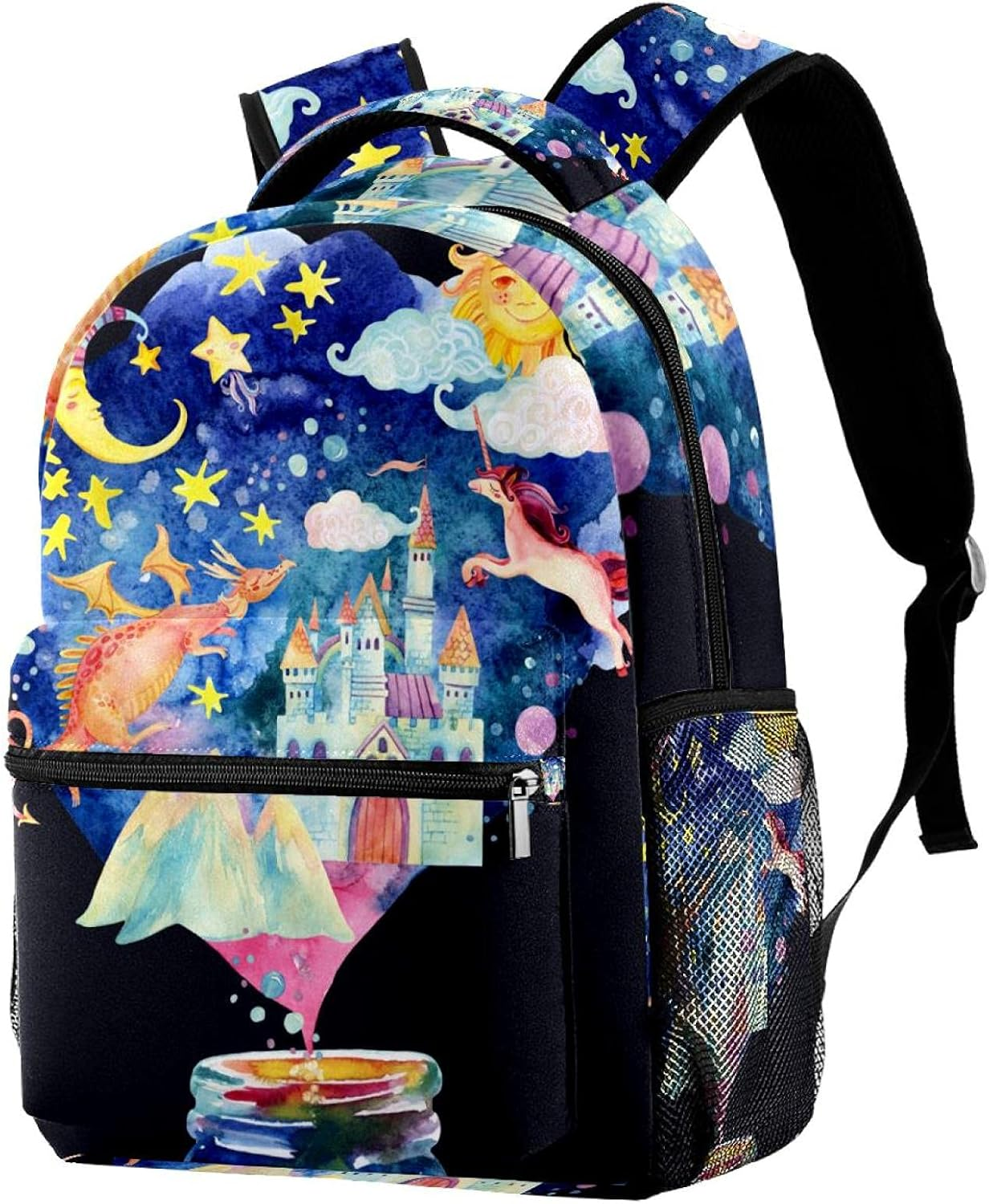 Starry Sky Moon and Sun Magic Castle Flying Dragon and Unicorn Backpack Students Shoulder Bags Travel Bag College School Tote Backpacks image number 1
