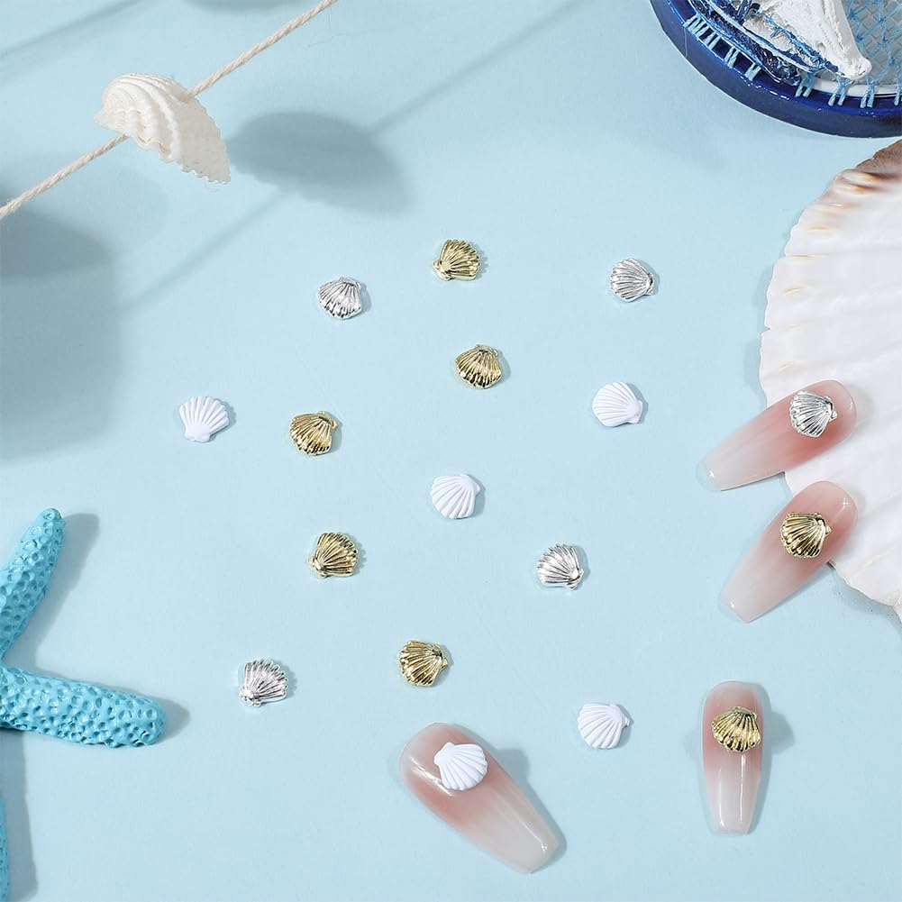 CRASPIRE 48Pcs/Box Sea Shell Nail Charms 3D 3 Colors Summer Ocean Luxury Seashell Gold Silver White Nail Gems Metal Alloy Flat Punk Studs Decor for Women Nail Art DIY Craft Jewelry Decor Accessories image number 2