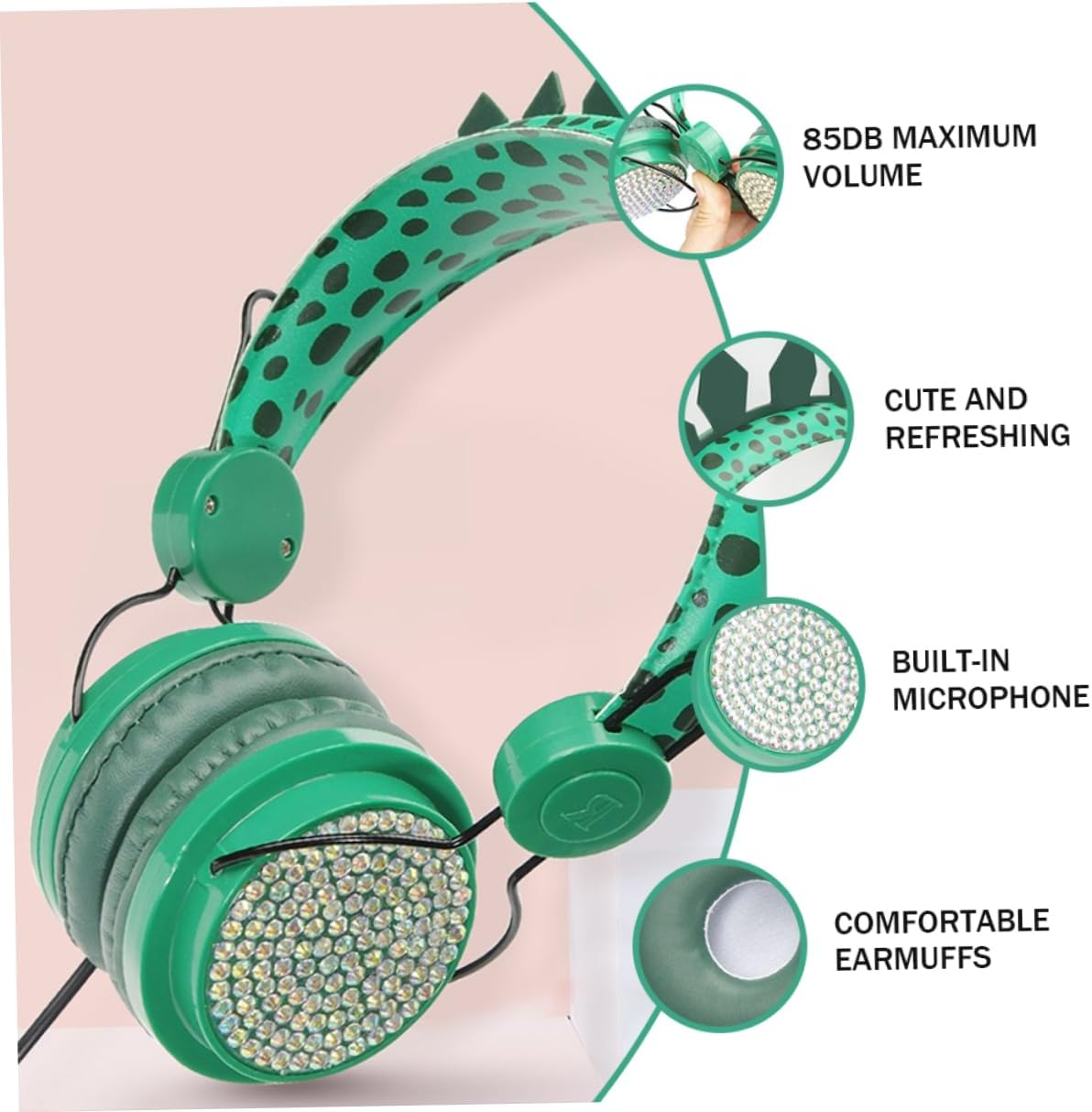 HEALSOPTHY Boy Girl Headphones Dinosaur Rhinestone Headset Microphone for Boys and Girls over Ear Headphones Microphone for Phone Computer Travel Scenarios