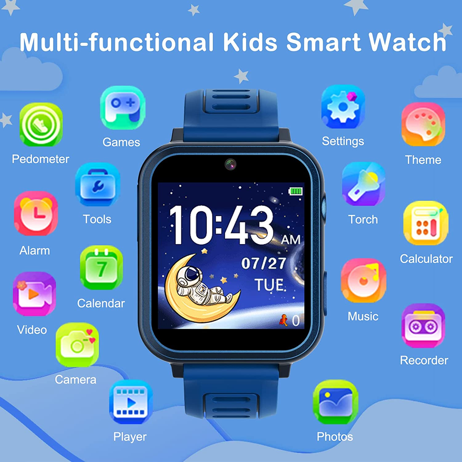 Phyulls Smart Watch for Kids with 39 Games Alarm Clock, Touchscreen, Calendaring Camera Music Player Time Display Video & Audio Recording, Toys for 3-12 Years Old Boys image number 4