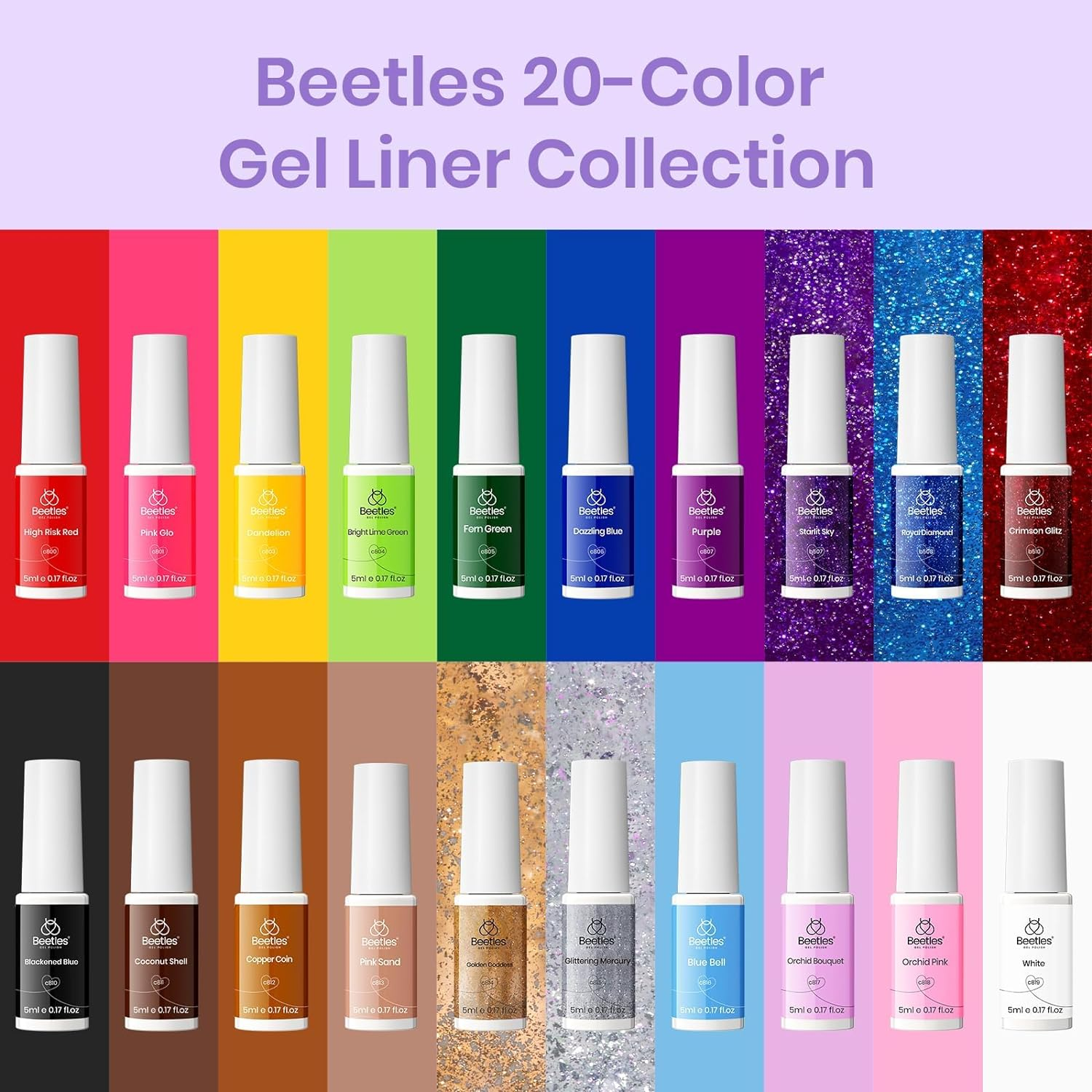 Beetles Gel Polish Gel Polish Nail Art Gel Liner Nail Polish Set 20 Colors Reflective Glitter Gel Polish Pink White Blue Brown Gel Nail Polish Soak off UV Gel Built Thin Nail Brush in Bottle Women image number 3