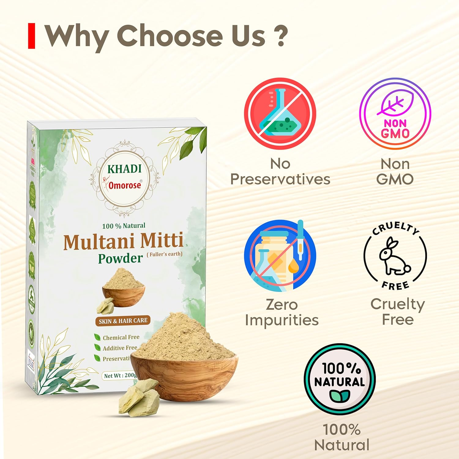 Khadi Omorose Multani Mitti Powder for Hair and Skin Care | 200 Grams | 100 & Pure & Natural | Soft & Glowing Skin | Exfoliator | Softner | Nourishment | Fuller'S Earth | Resealable Zipper Pouch Pack image number 3