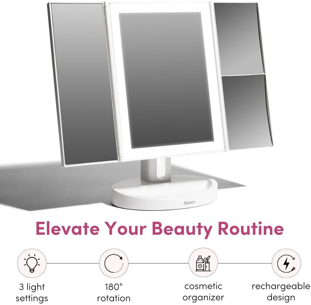 Fancii LED Lighted Makeup Mirror, Rechargeable Vanity Trifold Mirror with 5X & 10X Magnifications - 68 Dimmable Natural Lights, Touch Screen, Best Adjustable Make up Mirror with Cosmetic Stand, Tria 2 image number 1