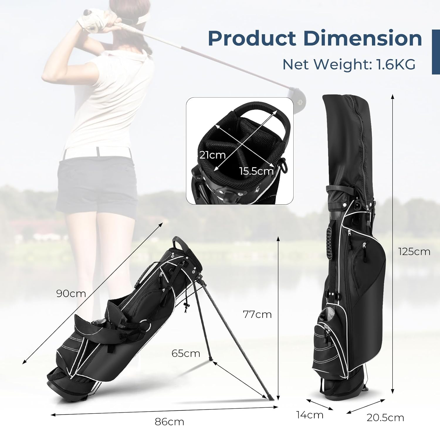 Costway Golf Stand Bag, Ultra Lightweight Golf Bag with 4-Way Top Dividers, Adjustable Dual-Strap, Foldable Bracket, Handles, Outer Pockets for Extra Storage, Easy Carry Golf Clubs Carrier, Ideal for Golf Course & Travel - Navy image number 2