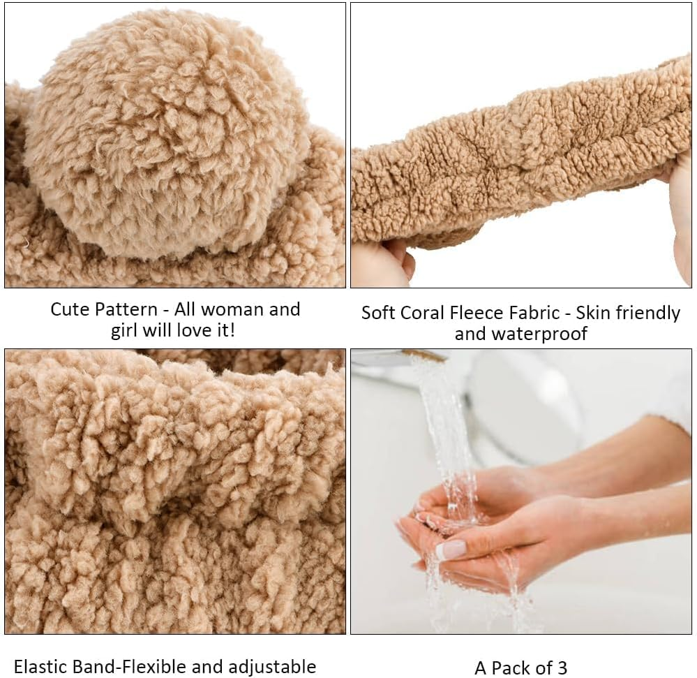 Ceeyoll Pack of 3 Spa Face Headband, Make up Hair Band, Elastic Make up Hair Band, Soft Make up Headband, Suitable for Facial Cleansing, Bathing and Cosmetics (Brown Colour, Bear Ears) image number 2