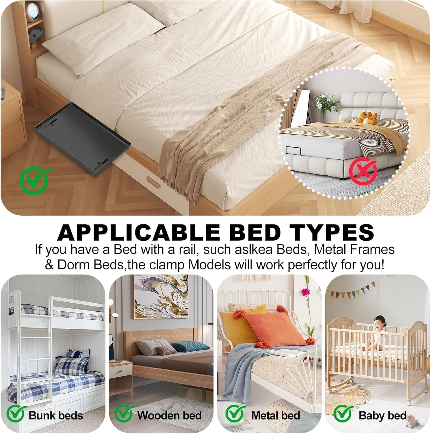 Uandhome Bedside Shelf, Modern Clamp-On Floating Nightstand and Bedroom Bed Shelf Tray, Clipped in Bunk Beds, for Home, Dorm, Rv or Apartment (Excluding Accessories on Bedside Racks) (Black) - White image number 7