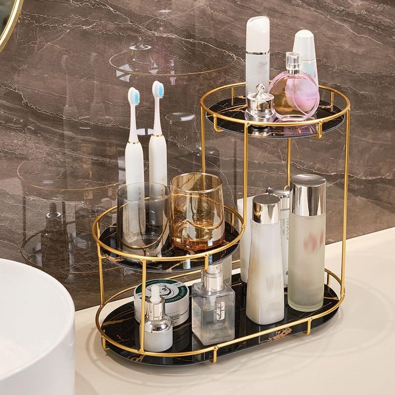 Bathroom Counter Organizer Holder, Luxury Cosmetics Storage Rack, Tray Dresser Stainless Steel Gold Shelf, 3 Tier Countertop Standing Storage Rack, Bathroom Washbasin Open Organiser(Black) image number 2