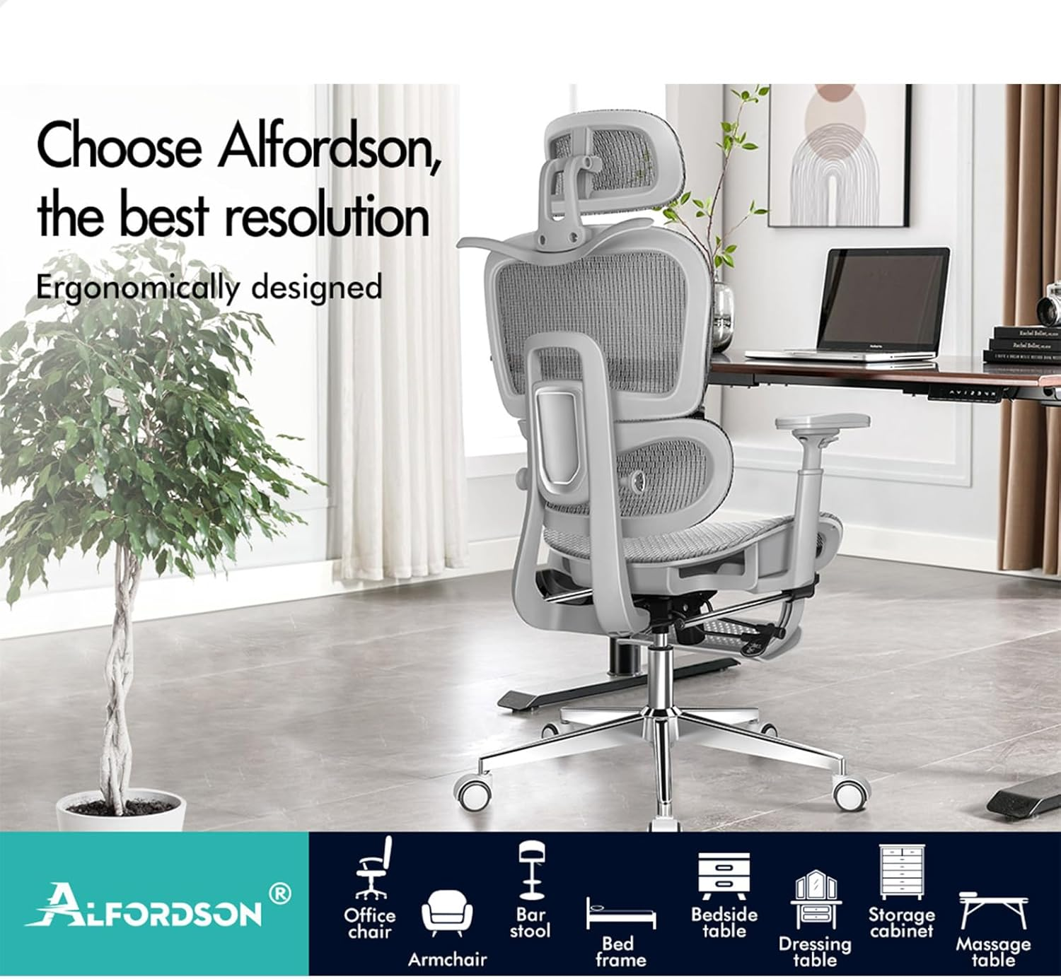 ALFORDSON Ergonomic Office Gaming Chair with 3D Armrest Prox Series, Executive Study Chair with Adjustable Lumbar Support, Computer Desk Mesh Chair with Adjustable Headrest & Footrest, All Grey image number 4