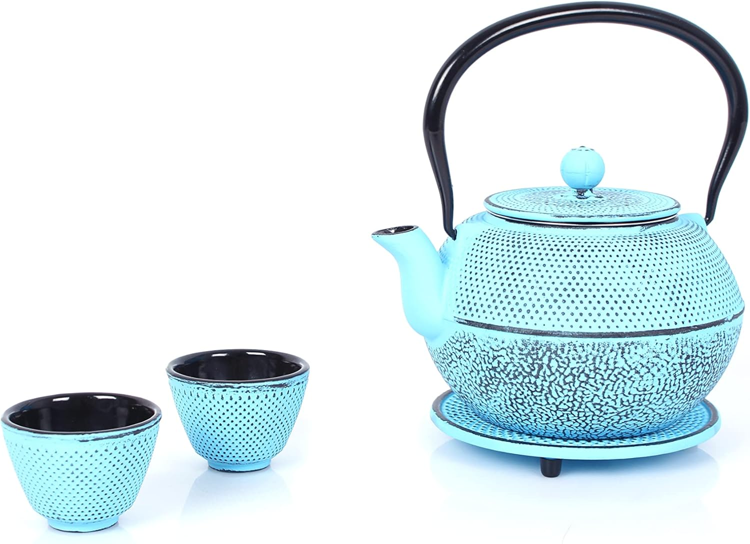 Echtwerk Cast Iron Tea Service Teapot 1.1L with Removable Strainer, Tea Maker with Saucer and 2 Tea Cups, Vintage Design Teapot Set for Loose Tea Preparation, Light Blue image number 4
