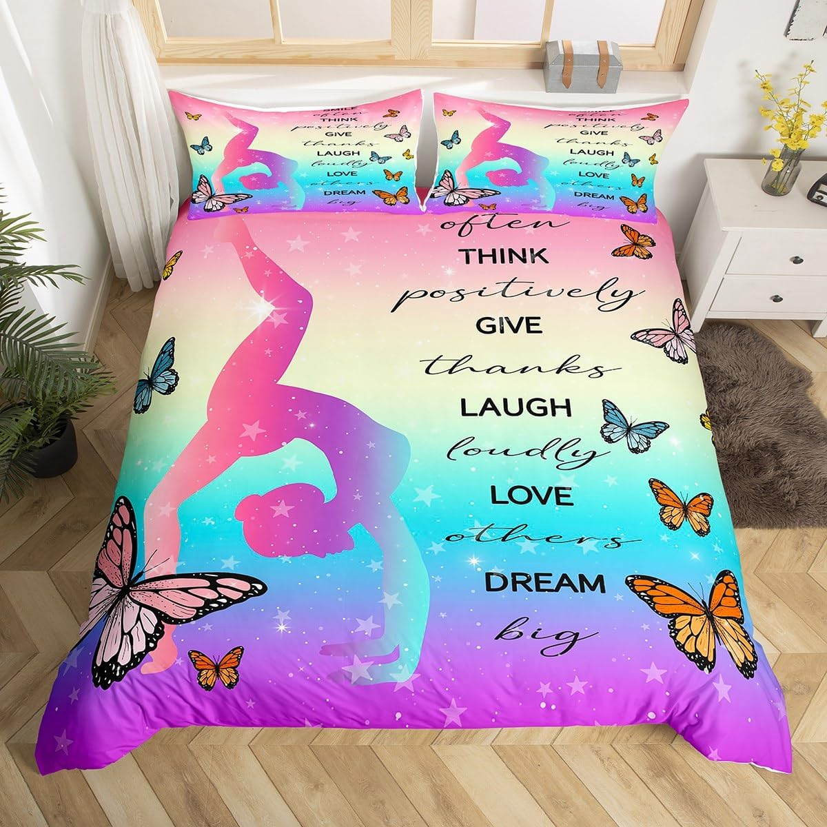 Homewish Gymnastics Duvet Cover 135 X 200 Cm Children, Gymnastics Lovers Bedding Set for Girls Teenagers, Space Stars Glitter Duvet Cover Set with Starry Sky Rainbow Decor 3D Pattern Teal