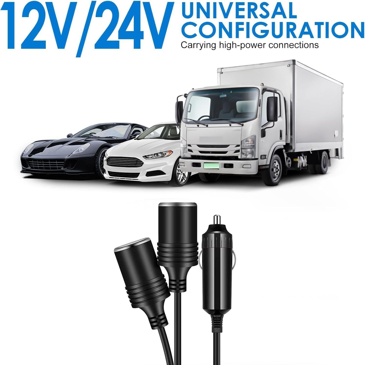 1 to 2 Car Cigarette Lighter Splitter Adapter, 12V to 24V Plug Socket Y Adapter with 15A Fuse, 9.84" Extension Cord and Dual Charger Ports for Simultaneous Charging in Cars Trucks Rvs image number 1