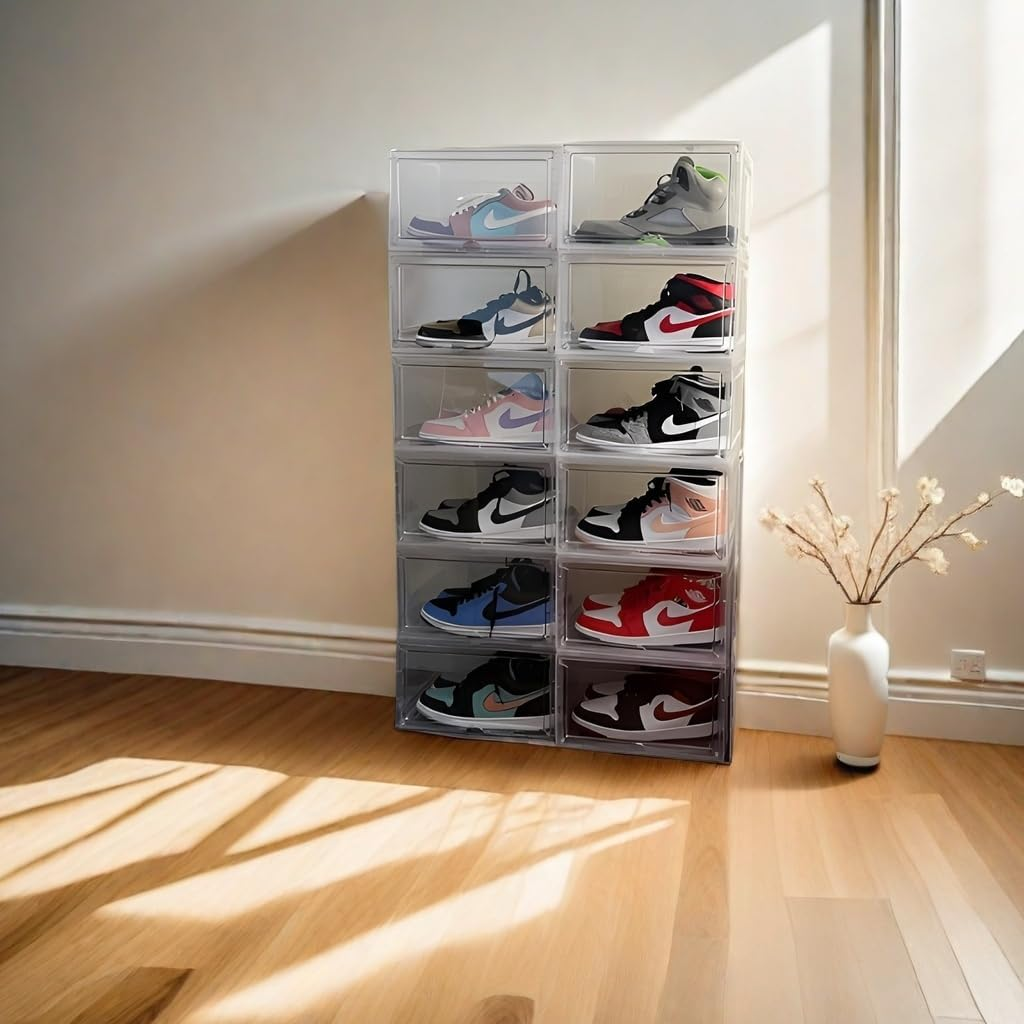 4 Pack Thicken Shoe Organizer Stackable, Containers for Sport Sneaker Display,Upgraded Sturdy Shoe Storage Box with Magnetic Door, DIY Shelving System