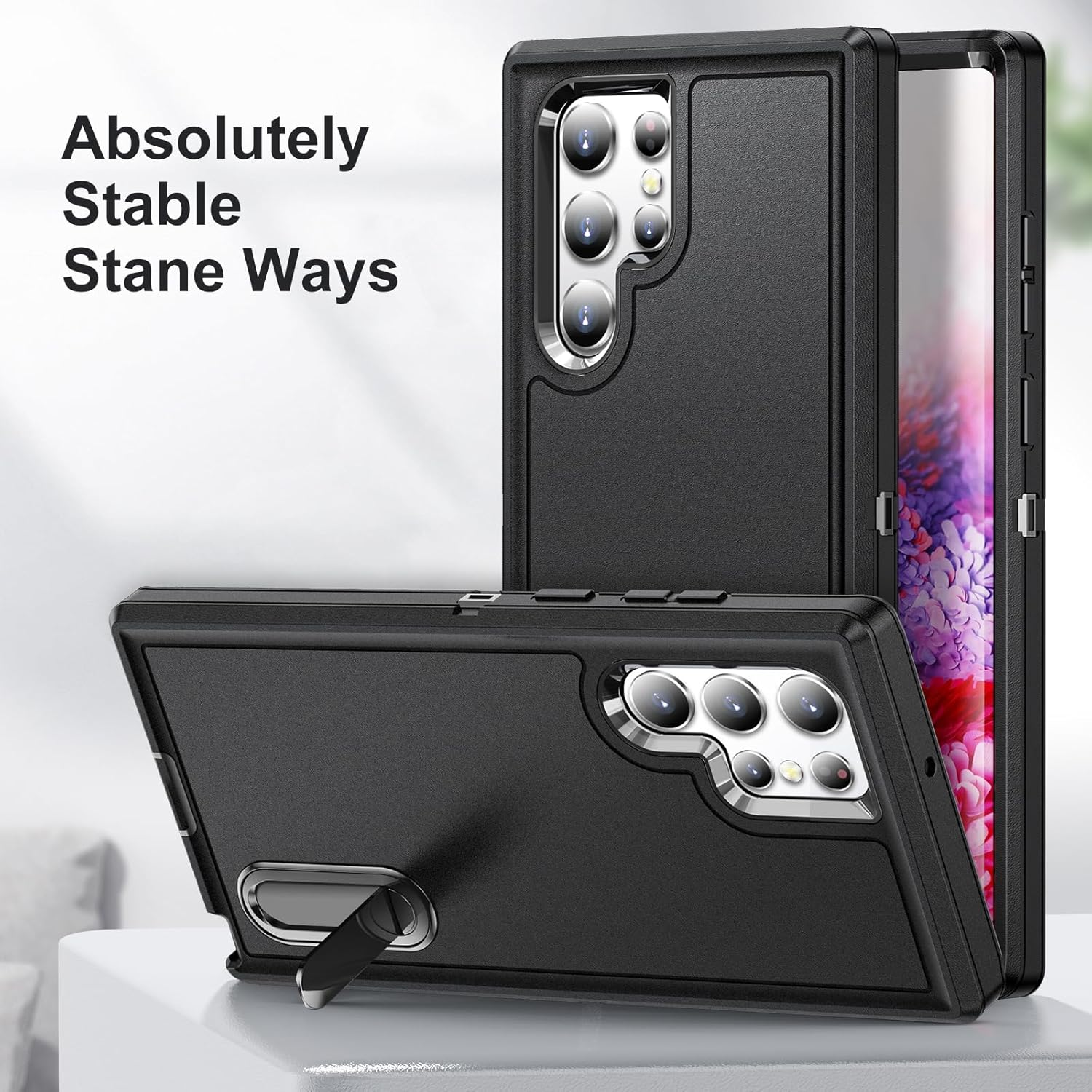 Phone Case for Samsung Galaxy S22 Ultra 5G with Screen Protector Cell Cover Hybrid Hidden Stand Rugged Shockproof Hard Heavy Duty Protective S22Ultra 22S S 22 S22Ultra5G 6.8 Women Men (Black+Black) - Cyan+Rose Red image number 7