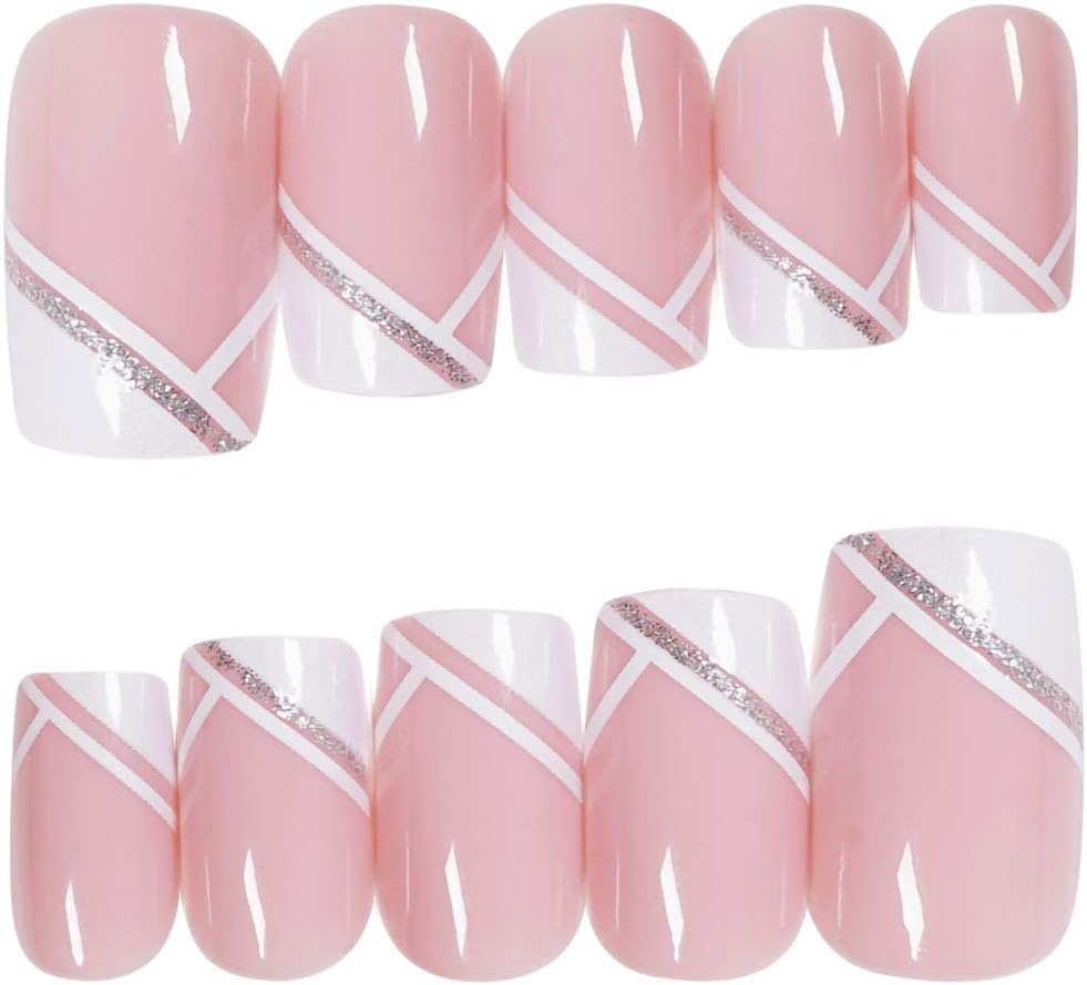 French Short Press on Nails,Pink Hypotenuse Full Cover Artificial Square False Nails for Women Girls Gift on Party(24Pcs) image number 3