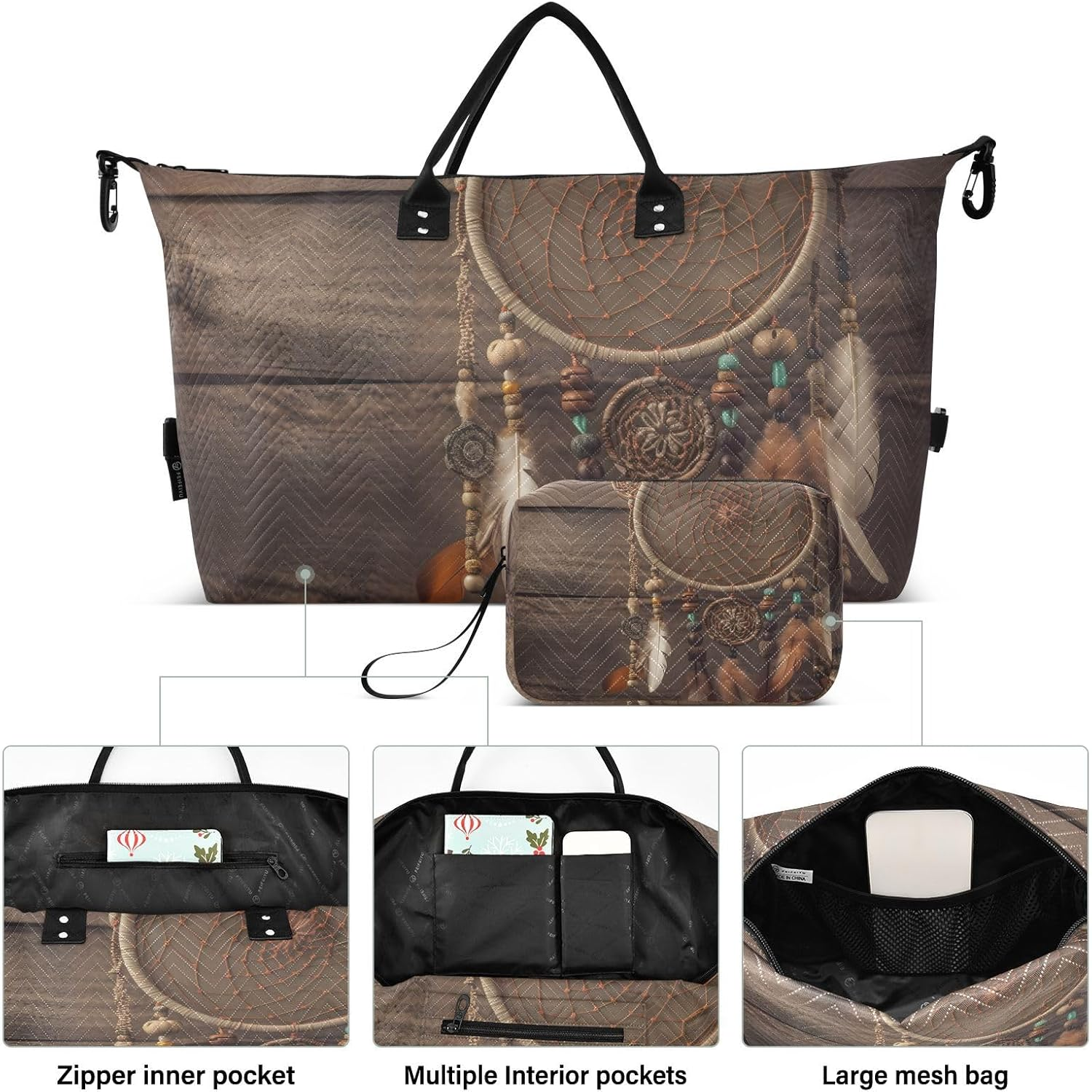 XYMZR Large Travel Duffel Bag, Dreamcatcher Feather Board Sports Tote Gym Bag, Shoulder Weekender Overnight Bag for Women Men, Carry on Luggage with Toiletry Bags, Multi-Colored, Multi-Colored image number 4