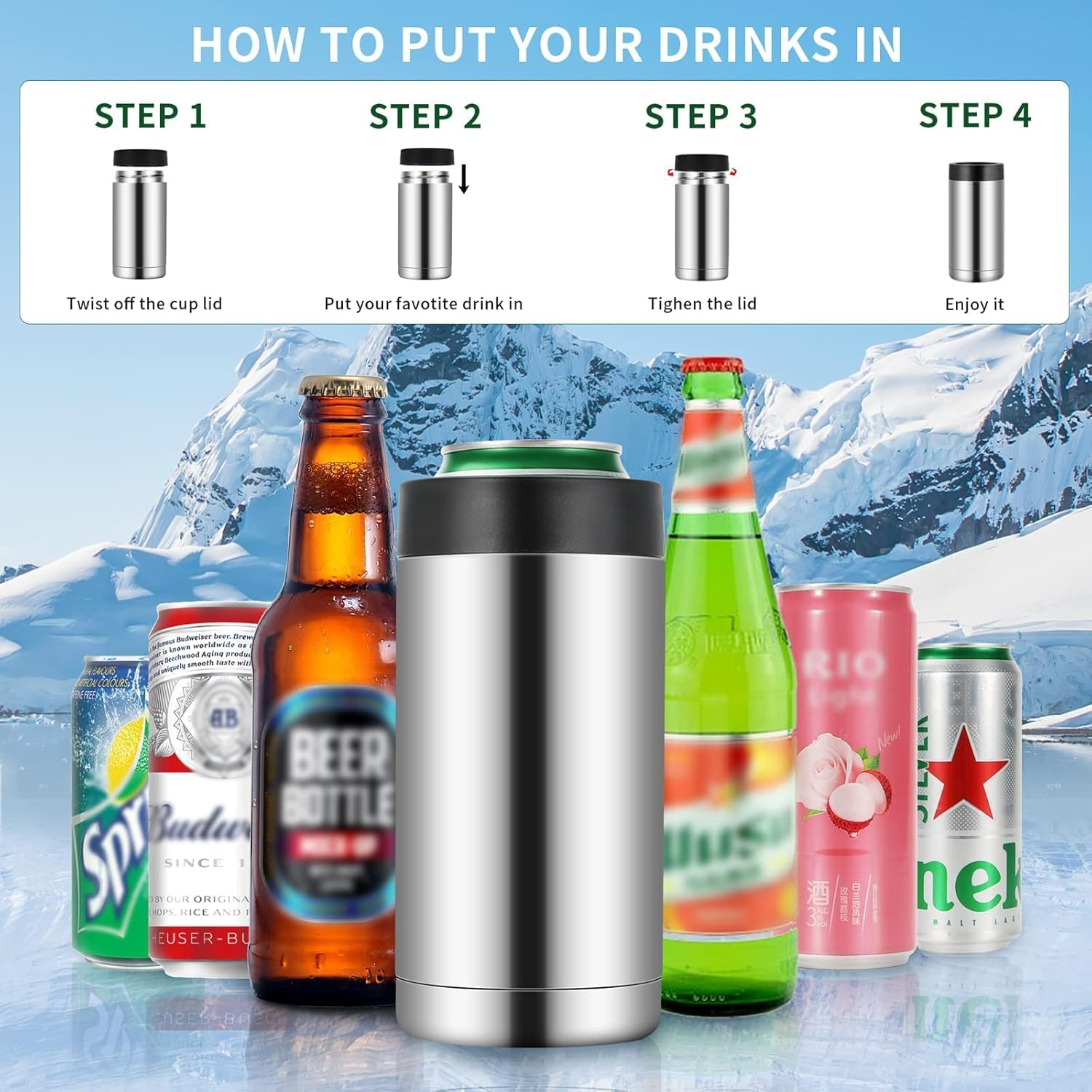 Beer Can Cooler, 16Oz Stainless Steel Double Wall Insulated Can Cooler, Beer Bottle Holder, Bottle or Tumbler for Slim Beer & Hard Seltzer Cans, Gifts for Beer Lovers (Silver) image number 5