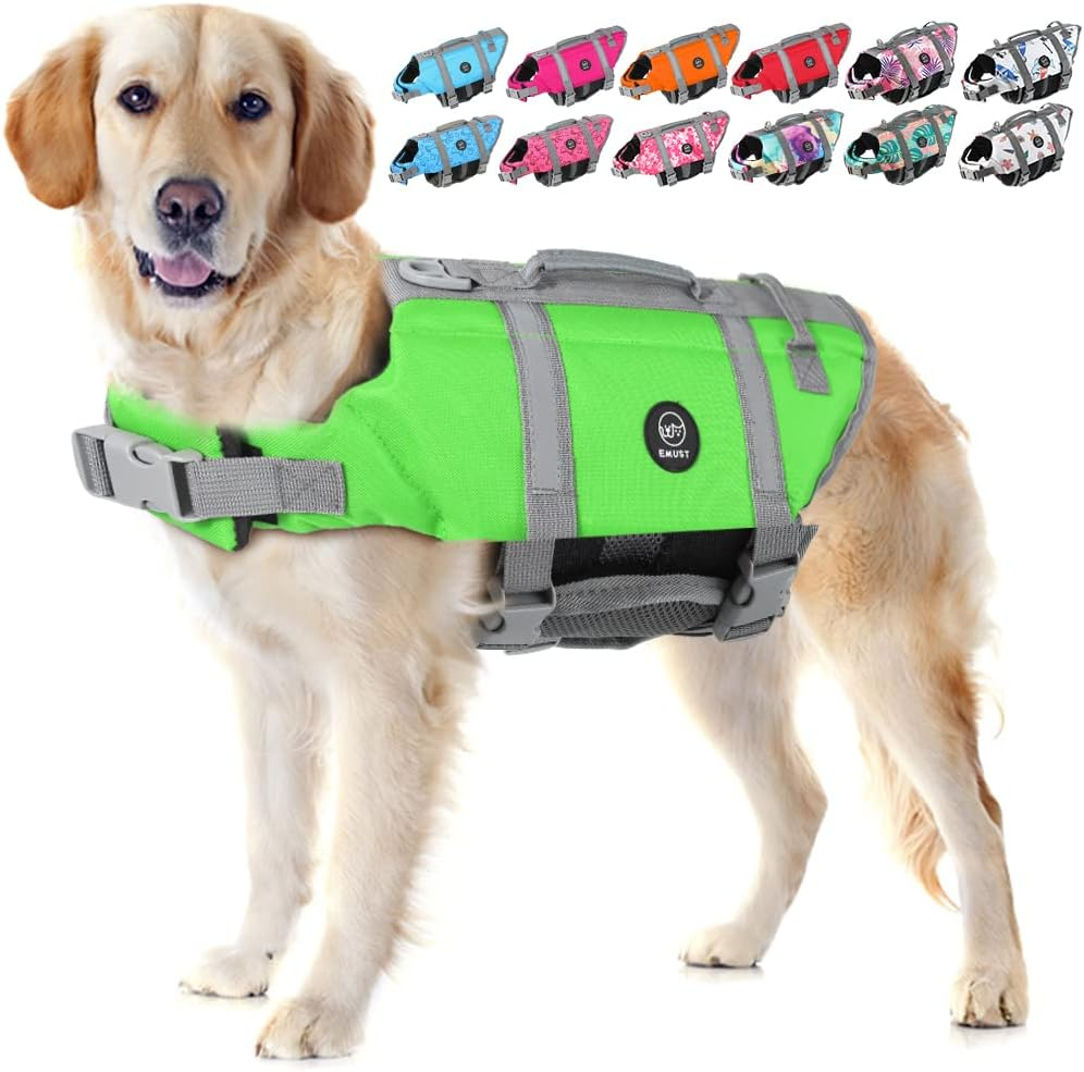 EMUST Life Jackets for Dogs, Adjustable Small/Medium/Large Dog Swim Vest for Water Safety Pet Life Vest with Rescue Handle Safety Vest for Swimming Pool Beach Boating, XL, Newsolidpink