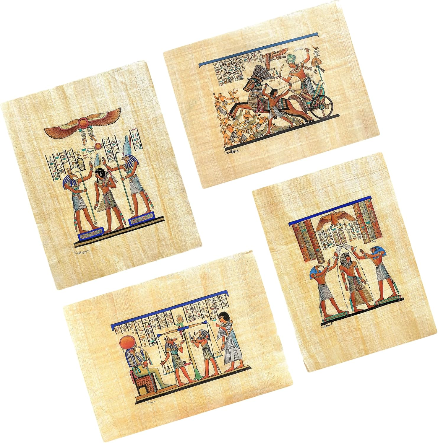 Nilecart Collection of 4 Sheets Egyptian Papyrus Paintings Original Hand Painted Papyrus Paper Ancient Egyptian Size 9X13 In. Handmade in Egypt. (ISIS Collection)