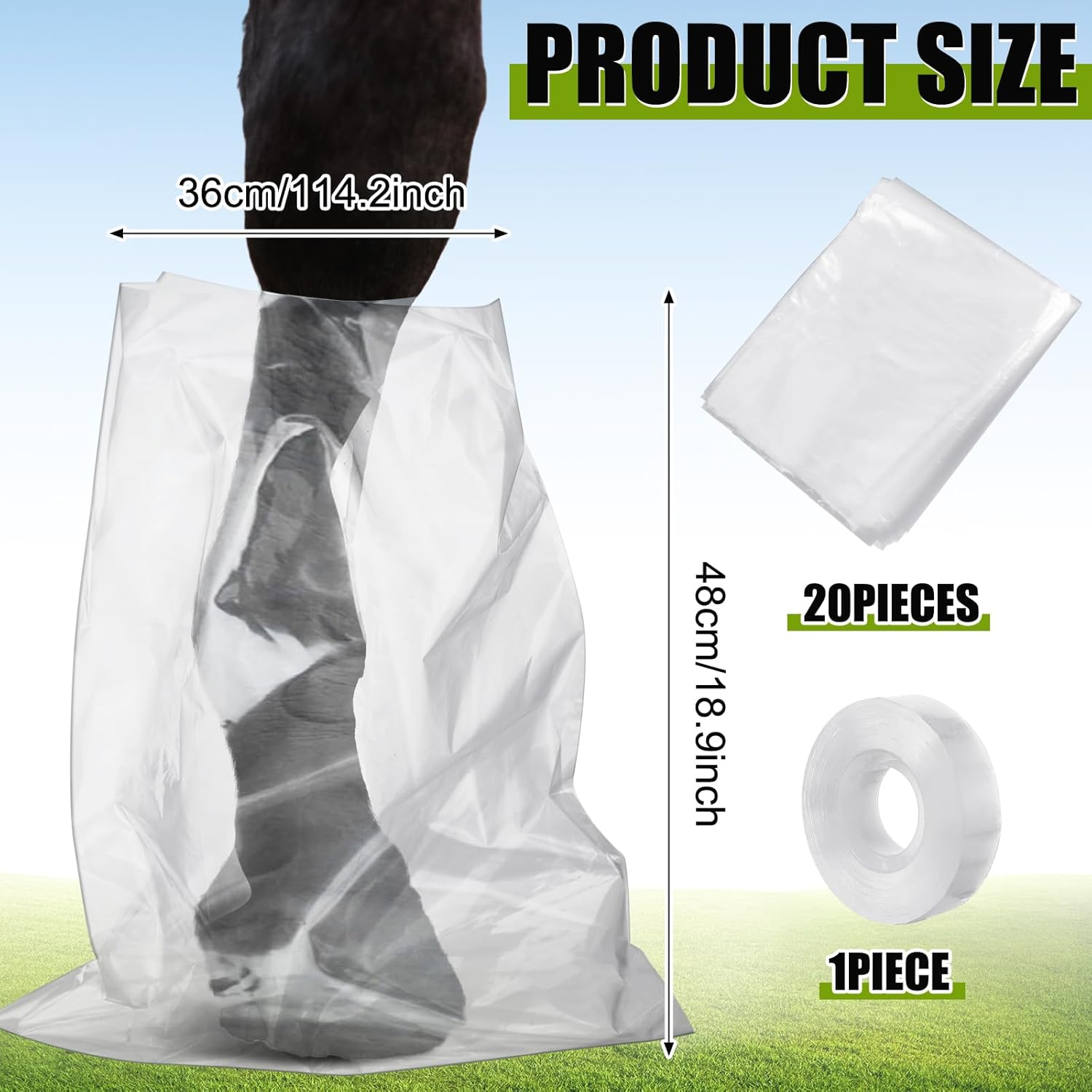 20 Pcs Disposable Soak Boot Hoof Soaking Bag Hoof Boots for Horses with 1 Roll of Adhesive Tape for Thrush Bacterial Infection Treating Hooves Care Liquid Treatment Equine Donkey Draft image number 3