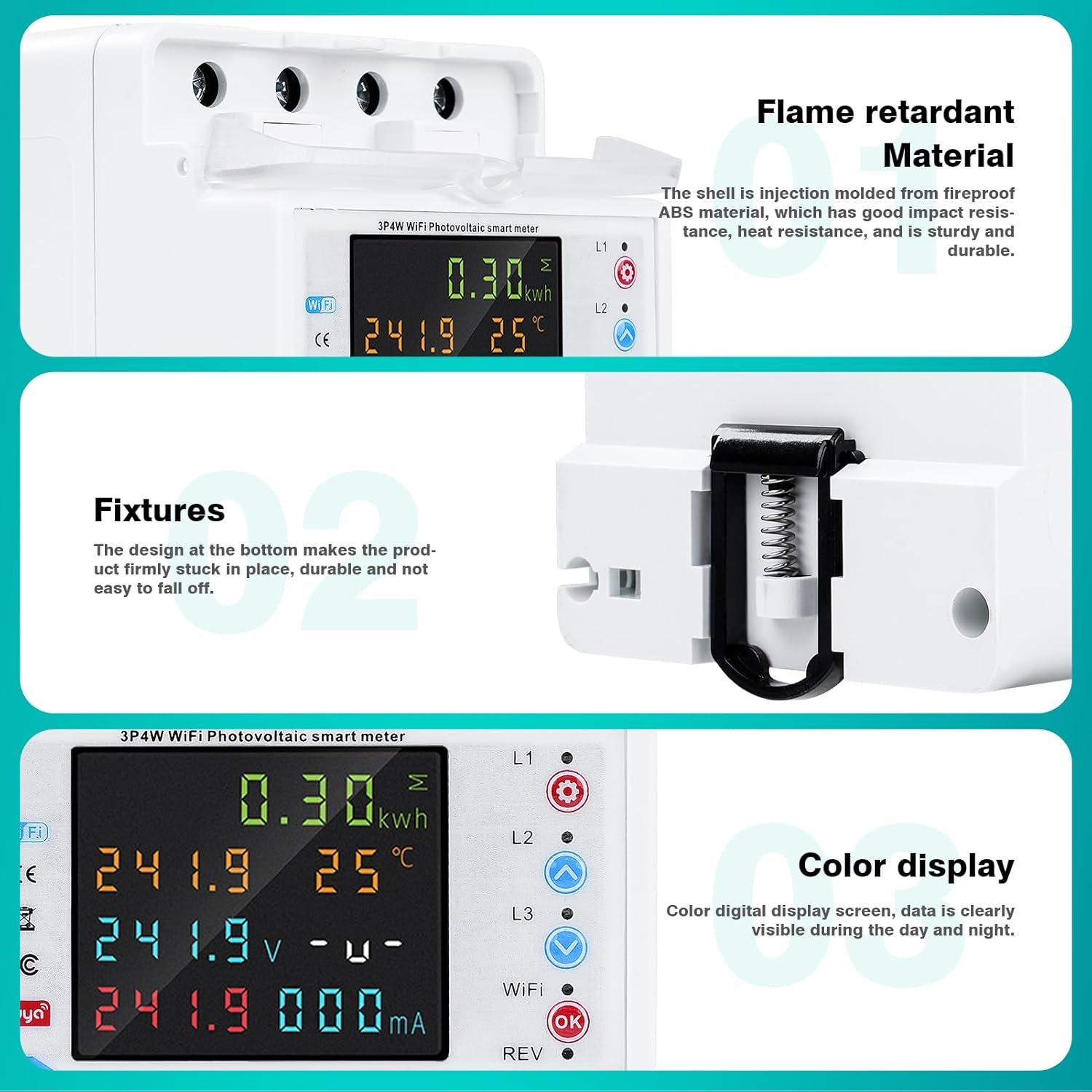 4P 3 Phase Wifi Smart Energy Power Meter with Color LCD Display, 100A over under Voltage Protector Transformer Support APP to Control Din 35Mm
