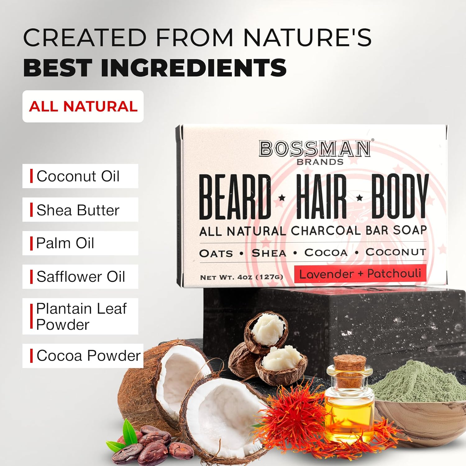 Bossman 6-Pack 4-In-1 Charcoal Soap Bar (4 Oz) &ndash; Bar Soap for Men &ndash; All-Natural Beard Wash, Shampoo, Body Wash & Shaving Solution &ndash; Lavender & Patchouli Scent image number 3