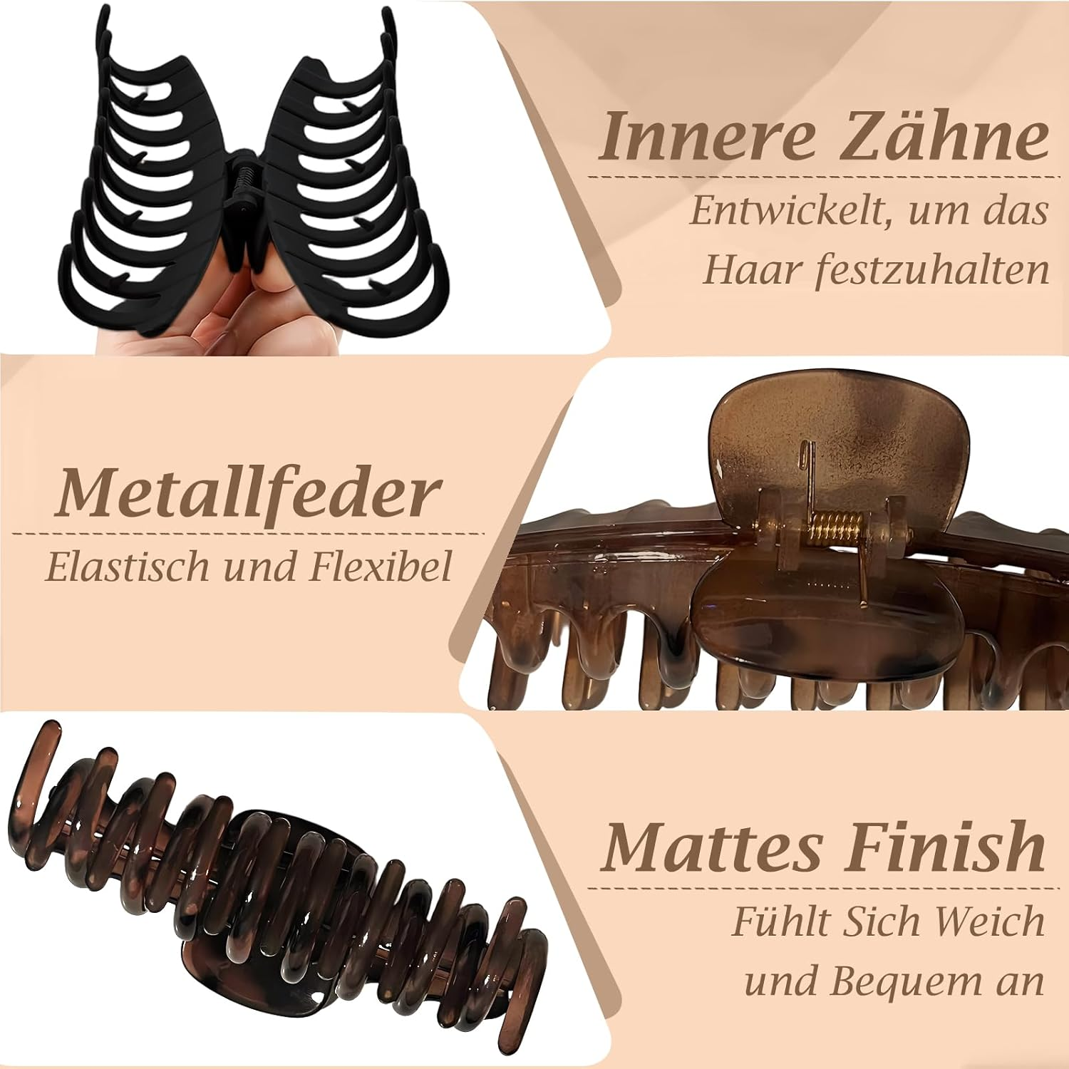 PUSCOBSY Hair Claw Large for Thick Hair, Hair Clips 11 Cm Non-Slip Hair Clip Pack of 4 Strong Hold Hair Clips for Women, Black/Leopard Dark Brown/Leopard Light Brown image number 5