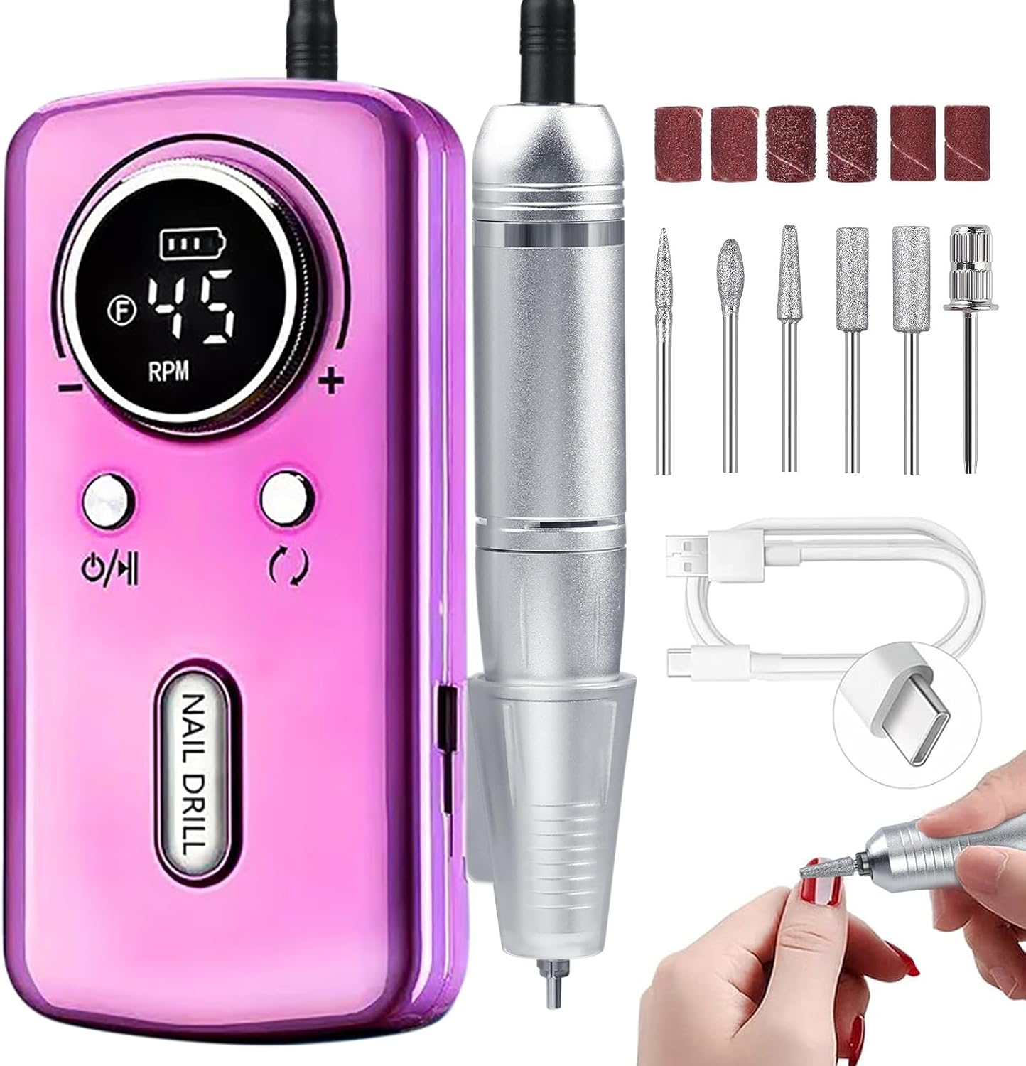 Cordless Nail Drill Professional: 45000 RPM Rechargeable Electric Nail File Kit, Portable & Low Noise for Acrylic, Gel Nails, Manicure & Pedicure - Salon & Home Use
