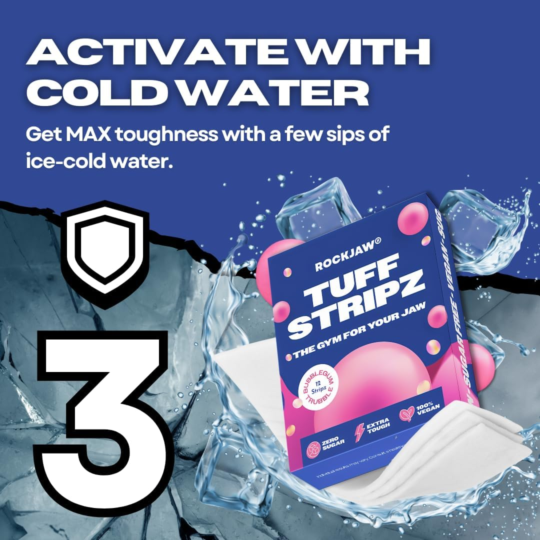 ROCKJAW&reg; Tuff Stripz | Semi-Tough Chewing Gum | Sugar-Free Jaw Exerciser for Beginners | Bubblegum Trubble | 10 Packs, 120 Stripz | 2 Month Supply image number 4