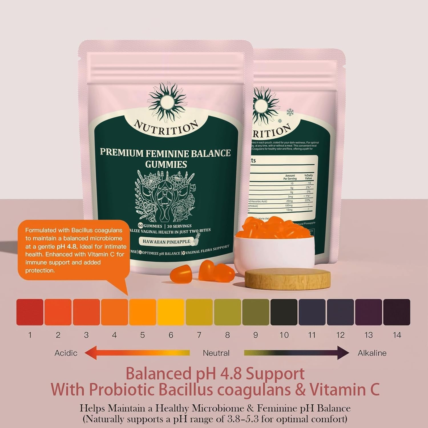 Feminine Balance Gummies,Premium Feminine Balance,Improve Immune,Promotion of Women'S Health,Vegan,Hawaiian Pineapple Flavor - 60 Gummies - 30 Servings image number 3