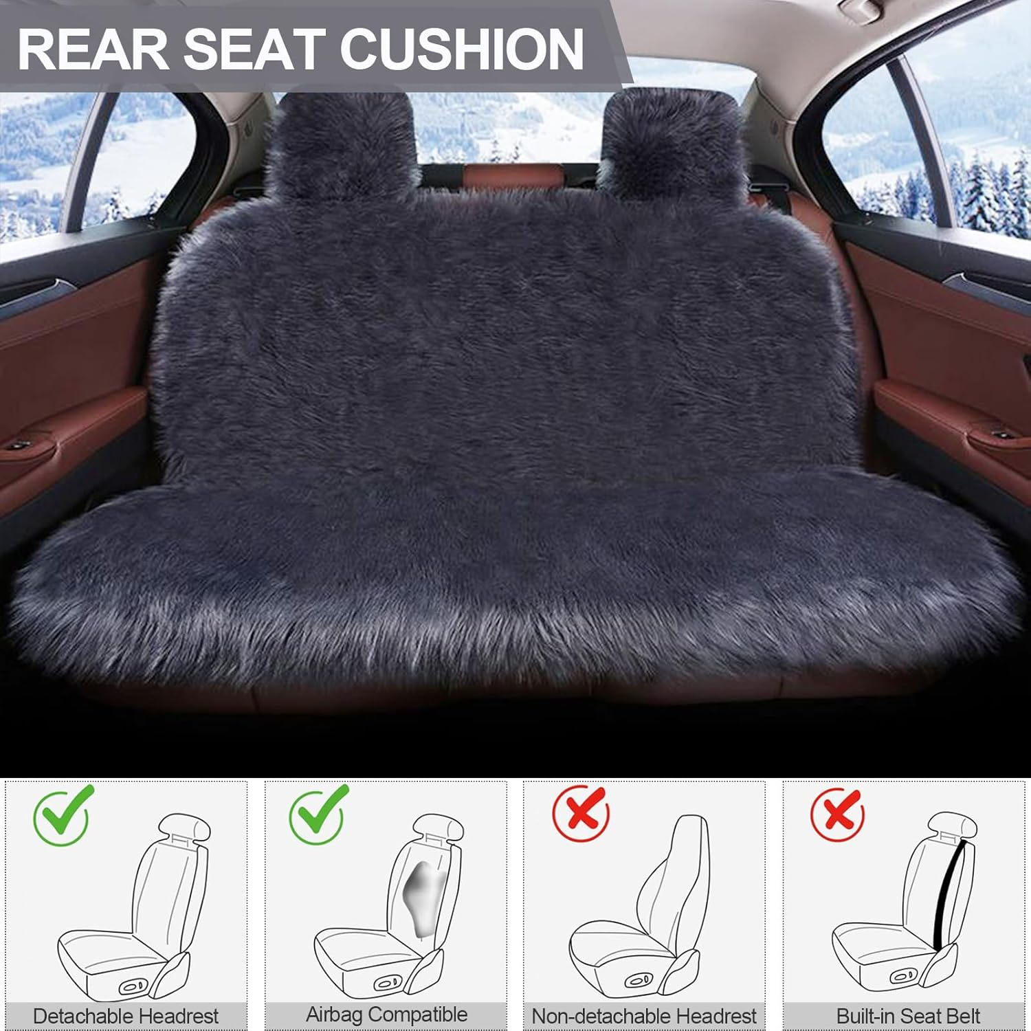 Universal Sheepskin Car Seat Covers, 3Pcs Full Sets, Anti-Slip Long Fluffy Auto Front Seat Covers, Luxury Fur Rear Bench Car Seat Cover, Car Seat Pads Winter Warm Accessories image number 6