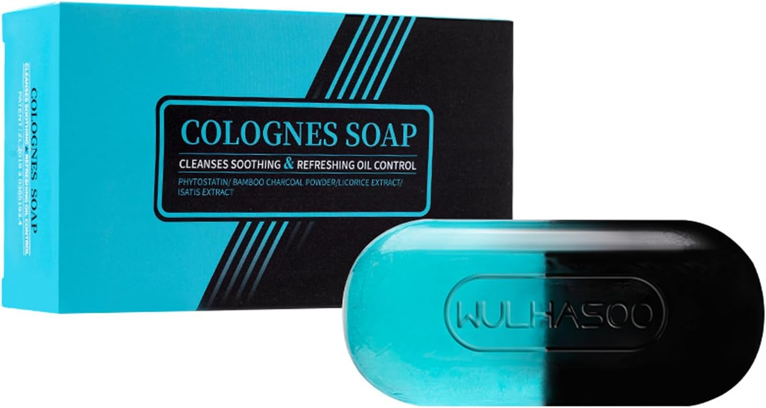 Colognes Scented Botanical Soap Bar,100G Handmade Bicolour Bamboo Charcoal Powder Clean Toning Scented Bath Soap for Men,Face Body Moisturizing Artisanal Soap with Blistering Net image number 1