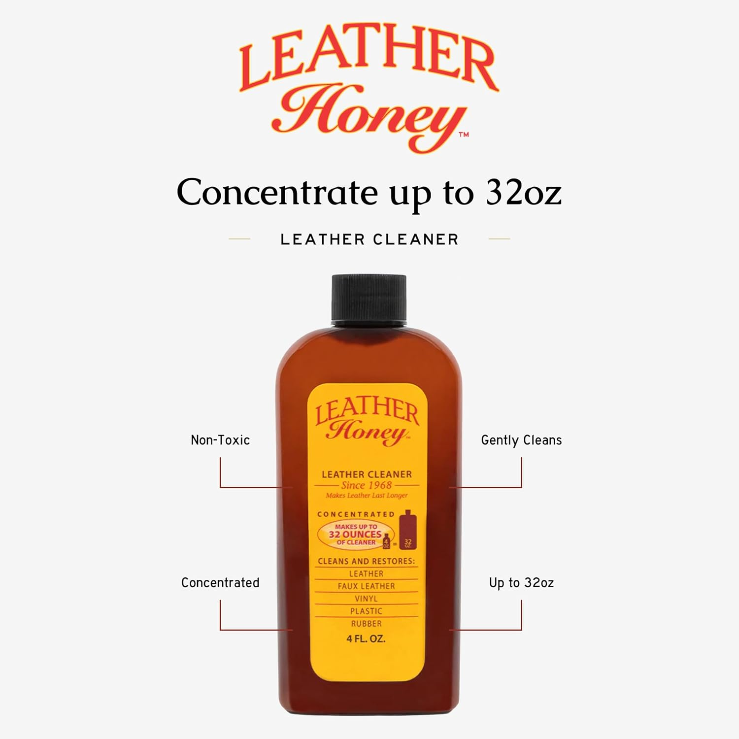 Leather Honey Leather Cleaner - Quality Leather Care, since 1968 - Leather Cleaner for Auto Interiors, Furniture, Shoes, Bags, Accessories & Apparel - 4Oz Conentrated - 32Oz Diluted image number 1