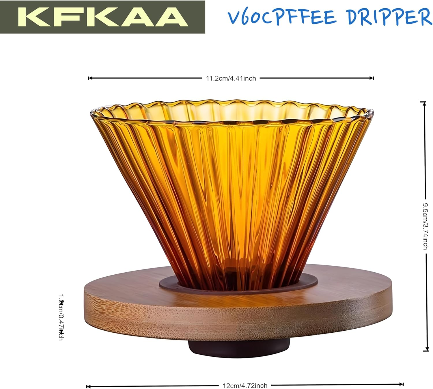 KFKAA V60 Glass Coffee Dripper，With Bamboo Wood Base Drip Coffee Makerhome, for Travel, Camping, Office,1-3 Cups image number 2