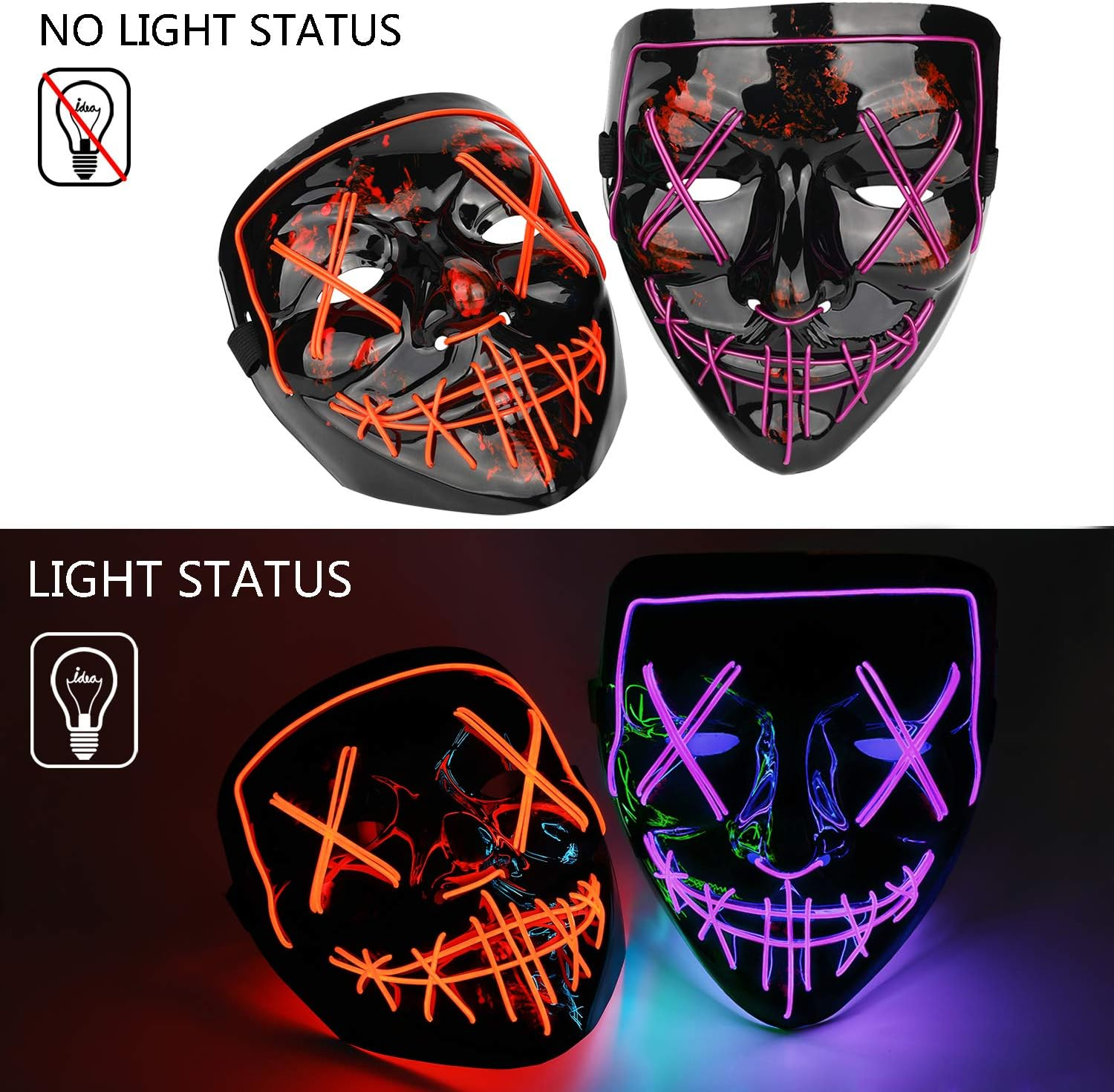 2 Pack Halloween Purge Mask,Led Light up Mask Scary Mask for Man Kids Cosplay Halloween Costume Masquerade Parties,Carnival - Green+Purple image number 3