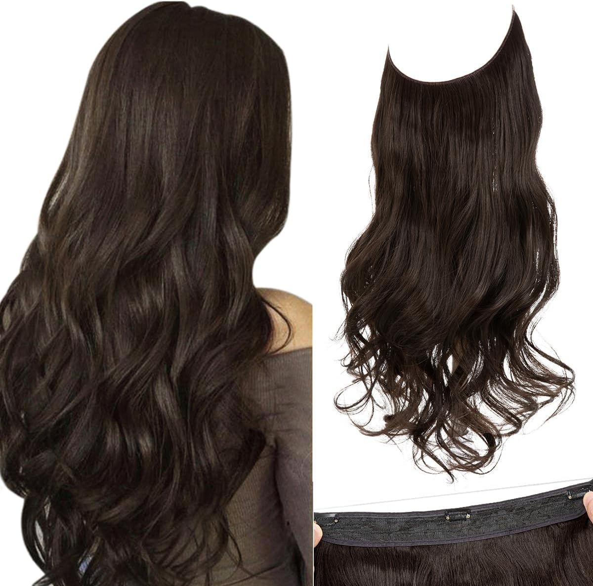 SARLA Short 14" Dark Brown Halo Hair Extension Secret Wire Hidden Hair Wavy 4.3Oz Synthetic Wavy Curly Natural Hairpieces Hair Piece (M04, 6# Dark Brown)