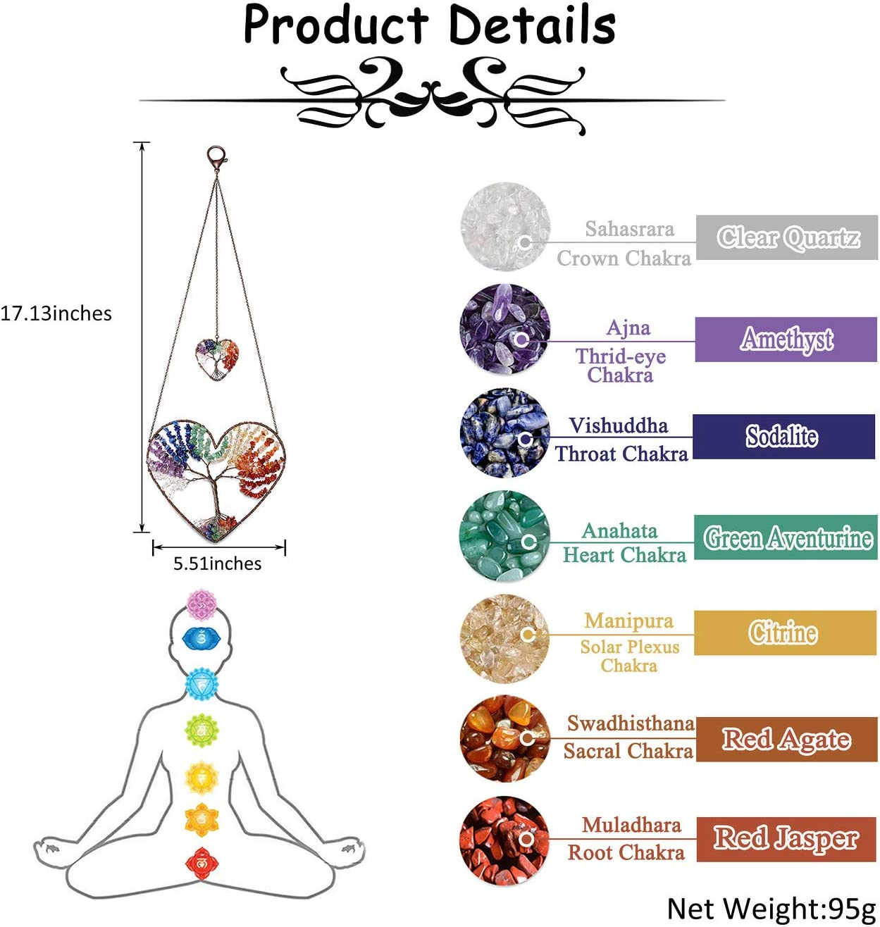 Jovivi 7 Chakra Healing Crystals Spiritual Gifts Chakra Gifts for Women Natural Gemstones Tree of Life Heart Dream Catcher Hanging Ornament Bedroom Wall Decorative Home Accessories Housewarming Gifts image number 1