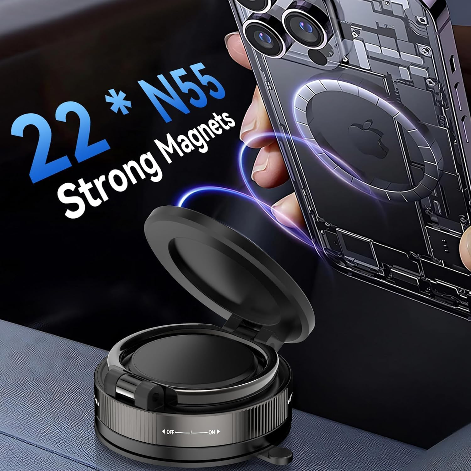 For Magsafe Car Mount 360&deg; Adjustable Vacuum Magnetic Phone Holder for Car, Portable Cell Phone Holder for Makeup/Gym/Mirror, Fit for All Smartphones, Black image number 3