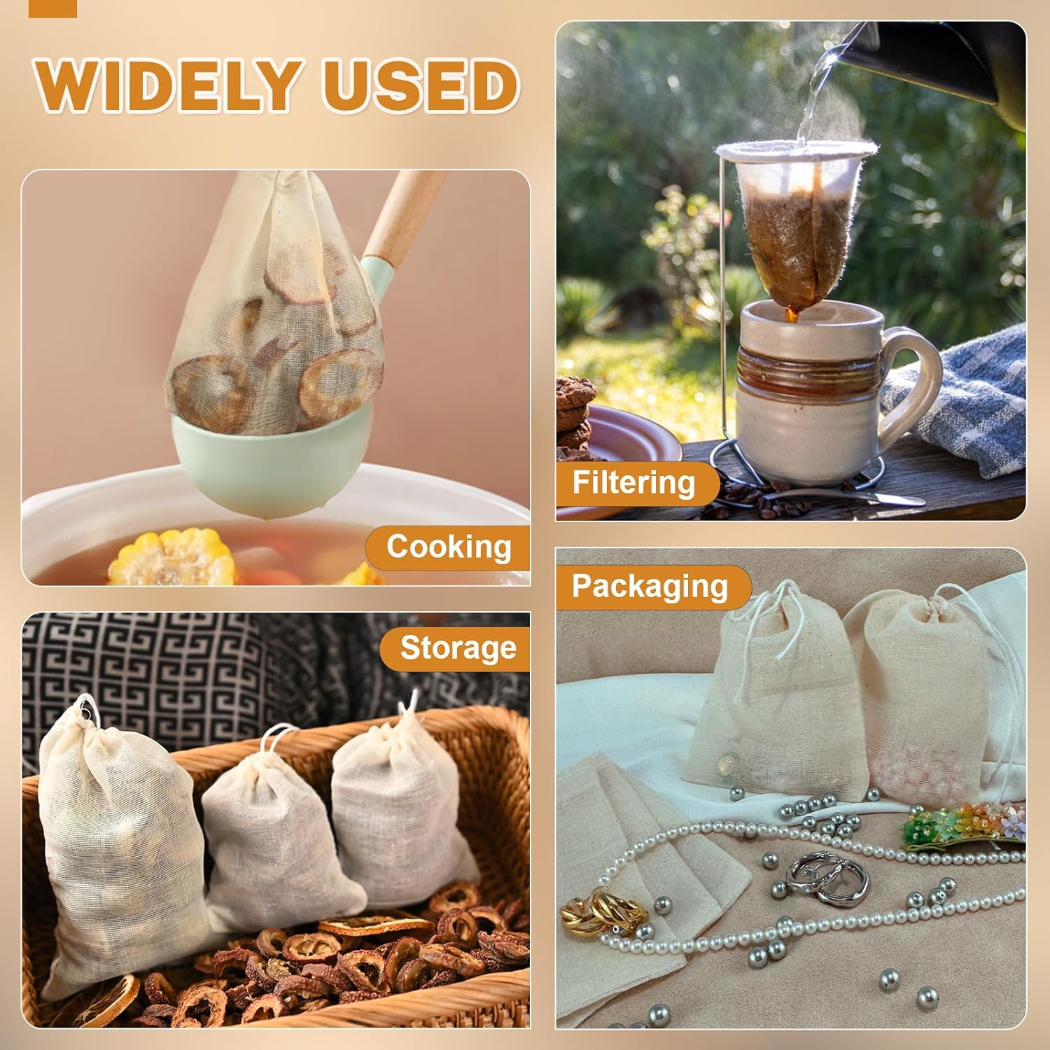 20 Pcs Muslin Bags with Drawstring, Reusable Tea Bags, Spice Bags for Cooking Soup/Herb/Loose Leaf Tea, Natural Cotton Small Cheese Cloth Bag for Straining, Sachet Bags Empty, 4 X 3 Inches image number 2