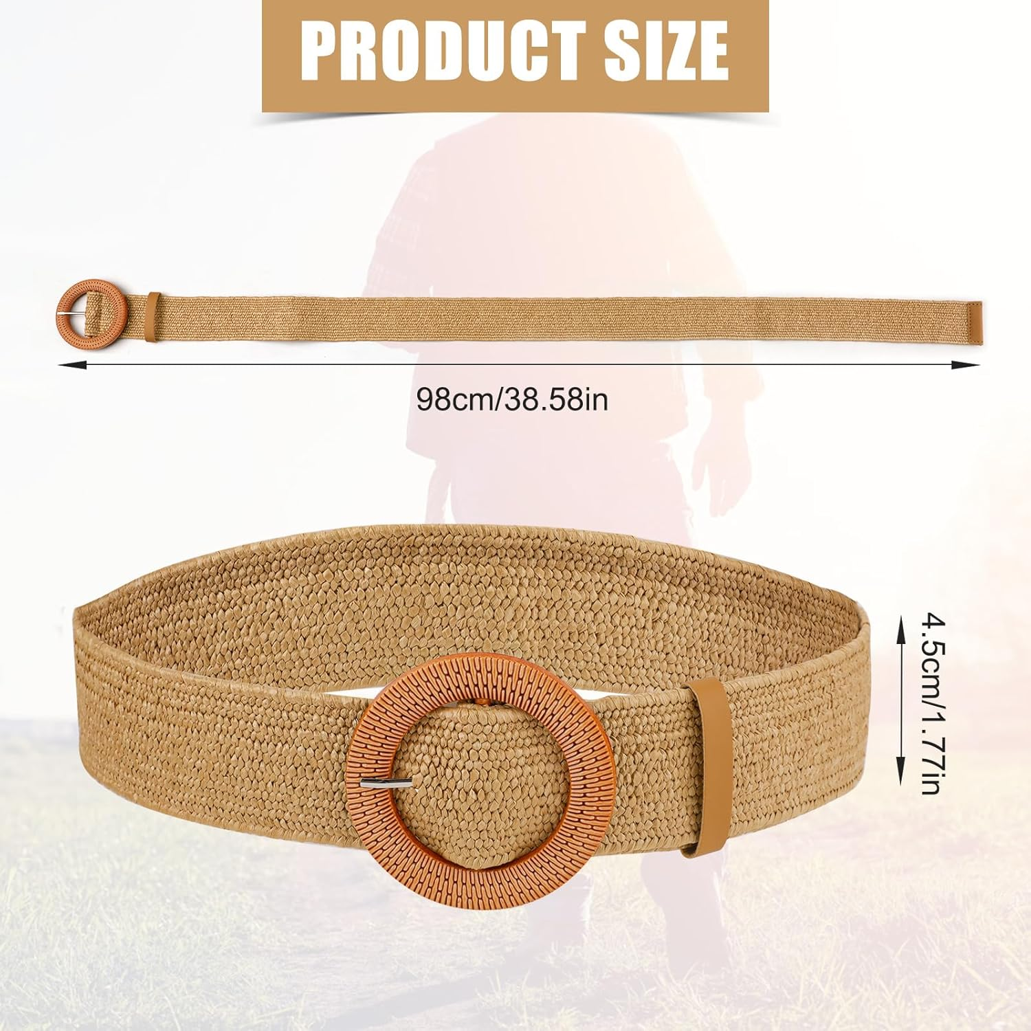 2Pcs Braided Waist Belts for Women, Straw Woven Elastic Belt Summer Dress Belts Boho Wide Stretch Braided Belt with Round image number 1