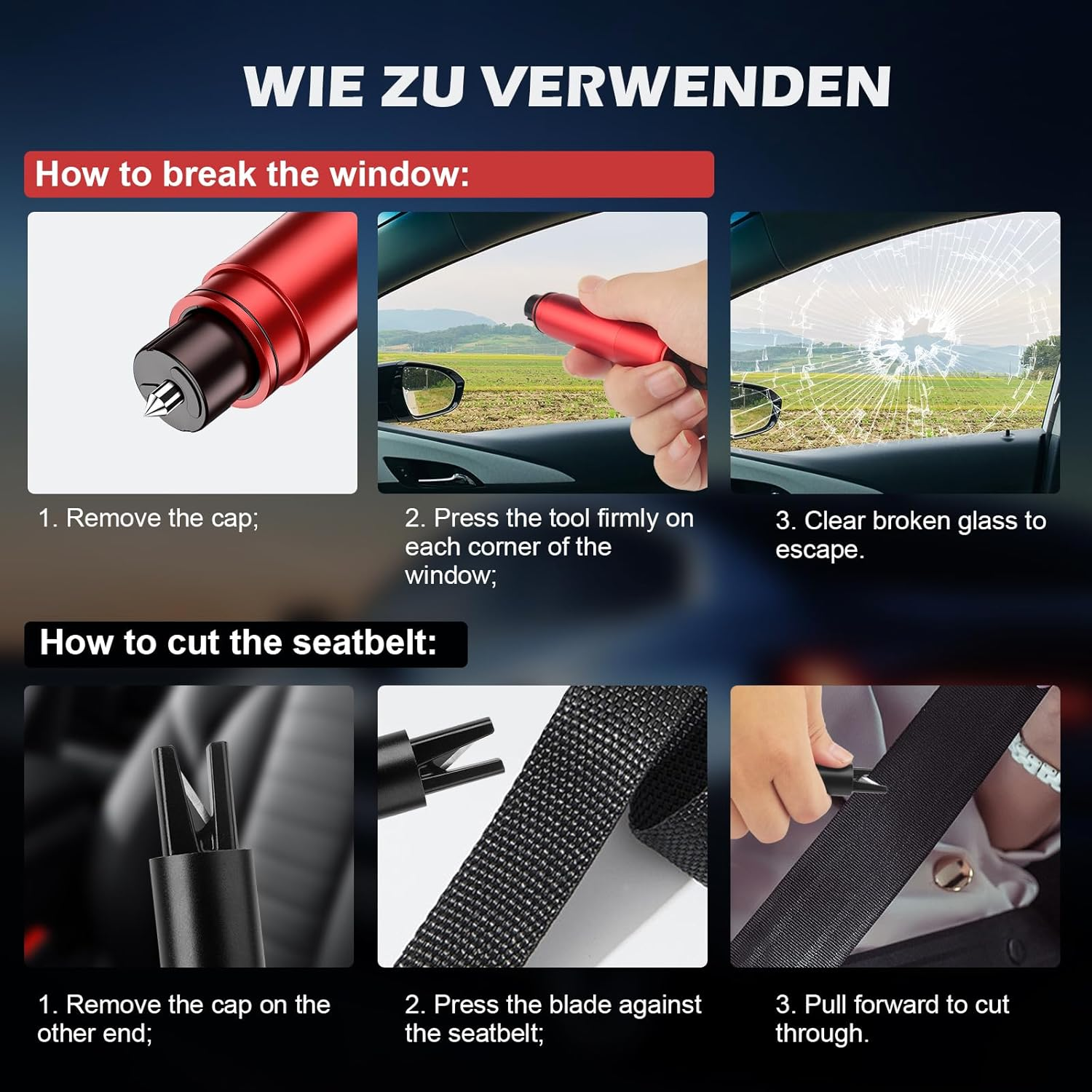 Eukyplace 2 Pack Window Breaker Seatbelt Cutter &ndash; Emergency Car Window Breaker Tool with Seat Belt Cutter and Glass Breaker &ndash; Car Seat Unbuckle Tool, Red & Black