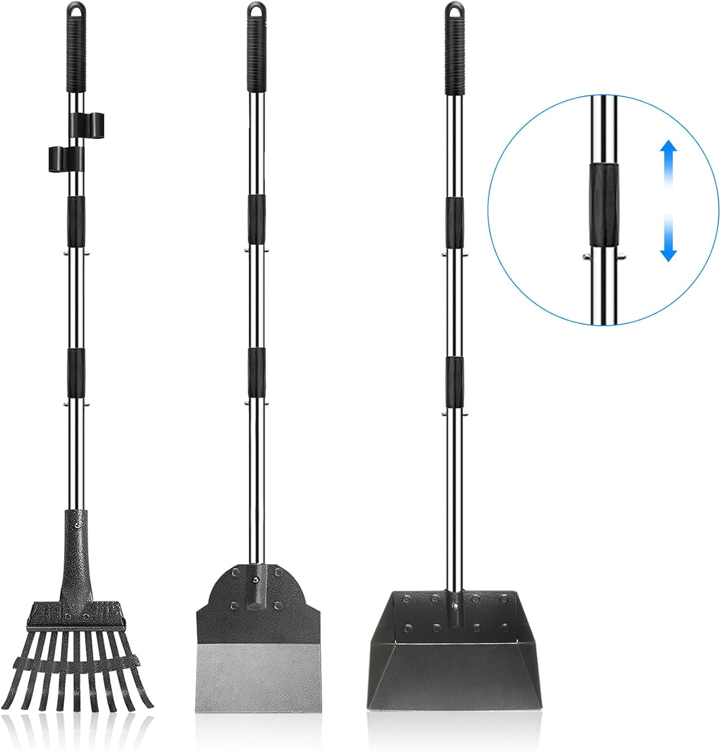 Kakeyrun 3-In-1 Dog Pooper Scooper Set, Tray Rake, and Spade 3 Pack Poop Scoop Adjustable Long Handle Metal with Tray for Pet Waste Removal, No Bending Clean up for Small Medium Dogs (Black) image number 5