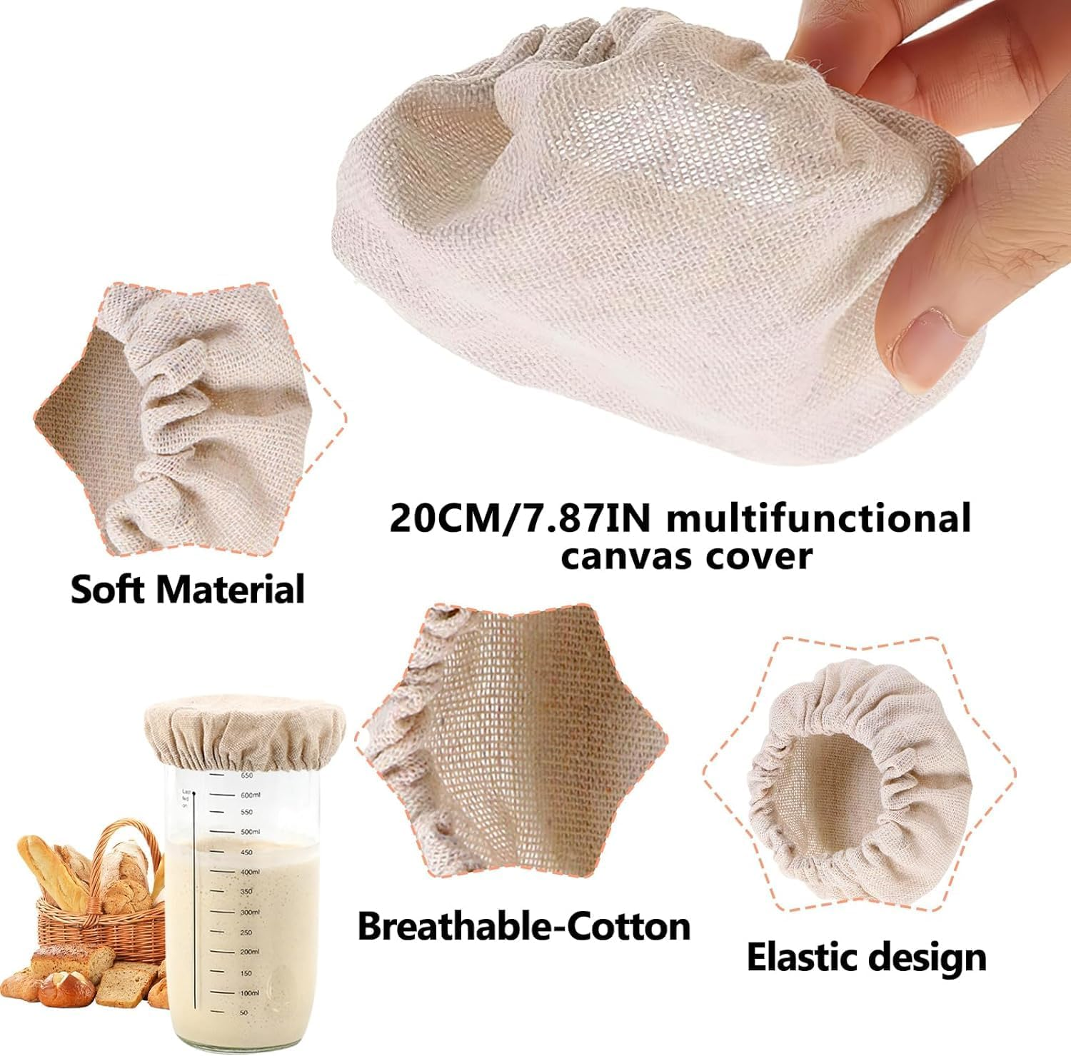 Sourdough Starter Jar Covers - 4Pcs Elastic Cotton Cloth Covers for Bread Proofing, Stretchy Bowl Lids image number 6