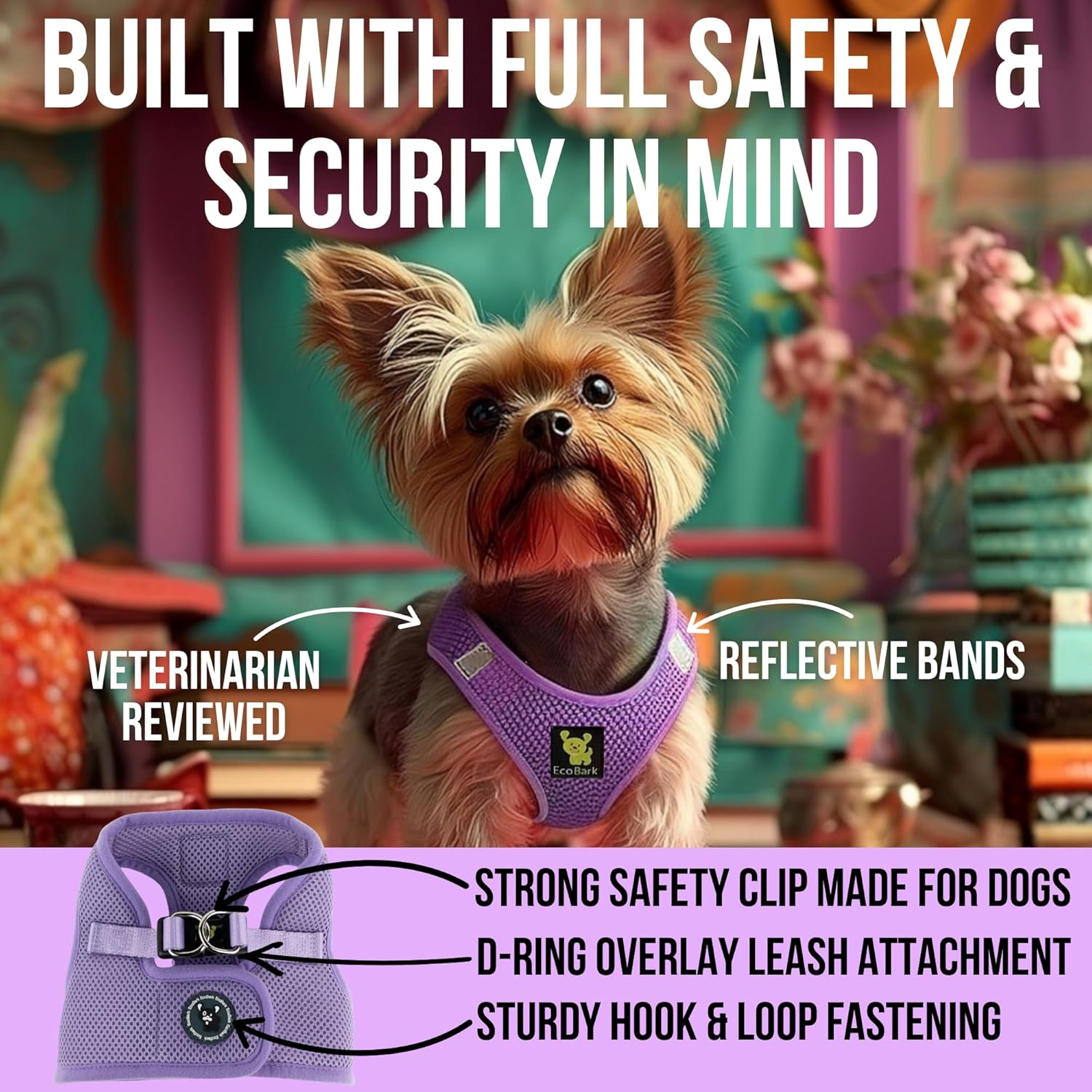 Ecobark Dog Harness - Teacup Dog Harness for XXXS, XXS, XS and Small Dogs - Step in Mesh No Pull Mini Body Vest Halter - Puppy Harness - Toy Breed Dog Harness Vest under 5 Pounds Lbs (XXXS, Lavender) image number 3