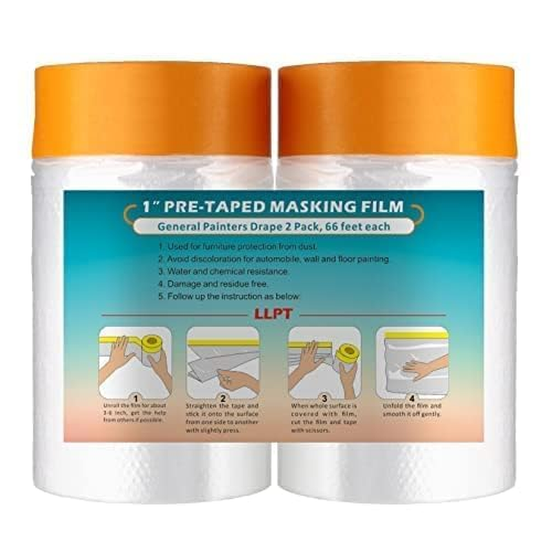LLPT Tape and Drape Pre-Taped Masking Film 25.6&rdquo;(Unfolded) X 66 Ft Each 2 Pack General Painters Plastic Drop Cloth for Auto Wall Furniture Painting Spraying Protection from Dust Contamination (MFT652)
