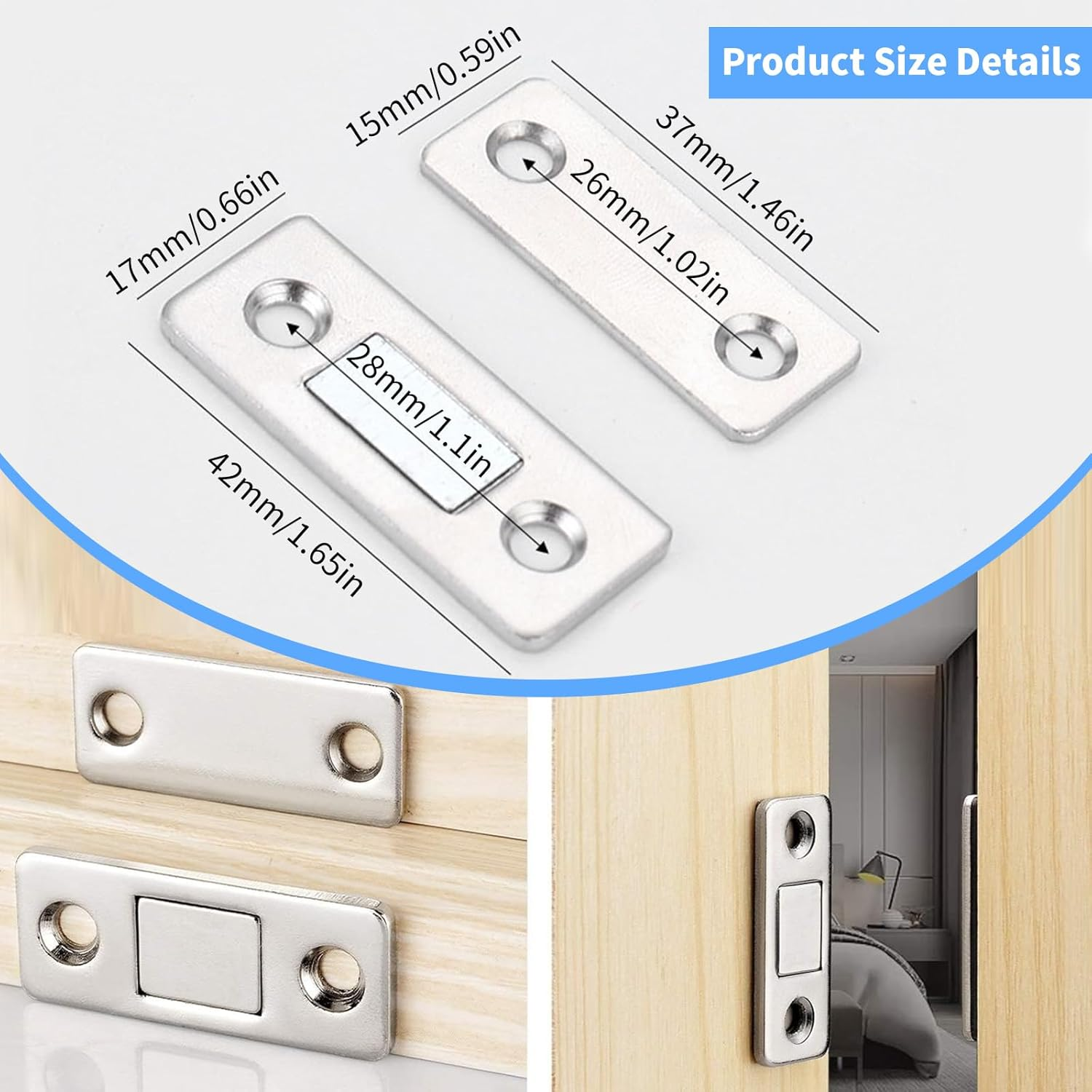 16 Pack Strong Magnetic Door Catch with 64PCS Screws & 32PCS Self-Adhesive, Ultra Thin Invisible Door Catch for Kitchen Cabinet Shower Doors Catch, Drawers Latch, Cupboard Closet Door Closer (Silver) image number 3