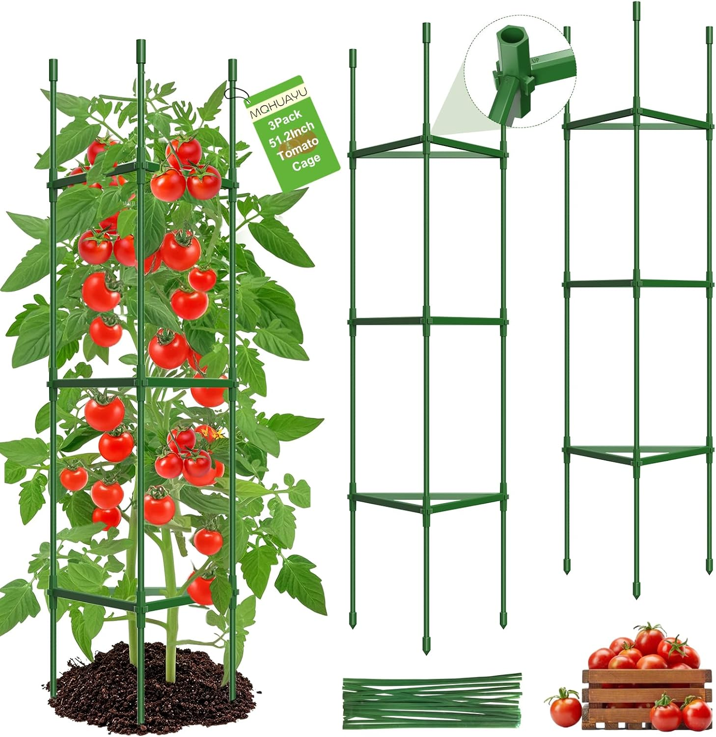 MQHUAYU 3 Pack Tomato Cages for Garden,Up to 51.2Inch Tomato Cage Trellis-Upgraded Hexagon Connector,Heavy Duty Adjustable Tomato Stake Support for Raised Garden Bed